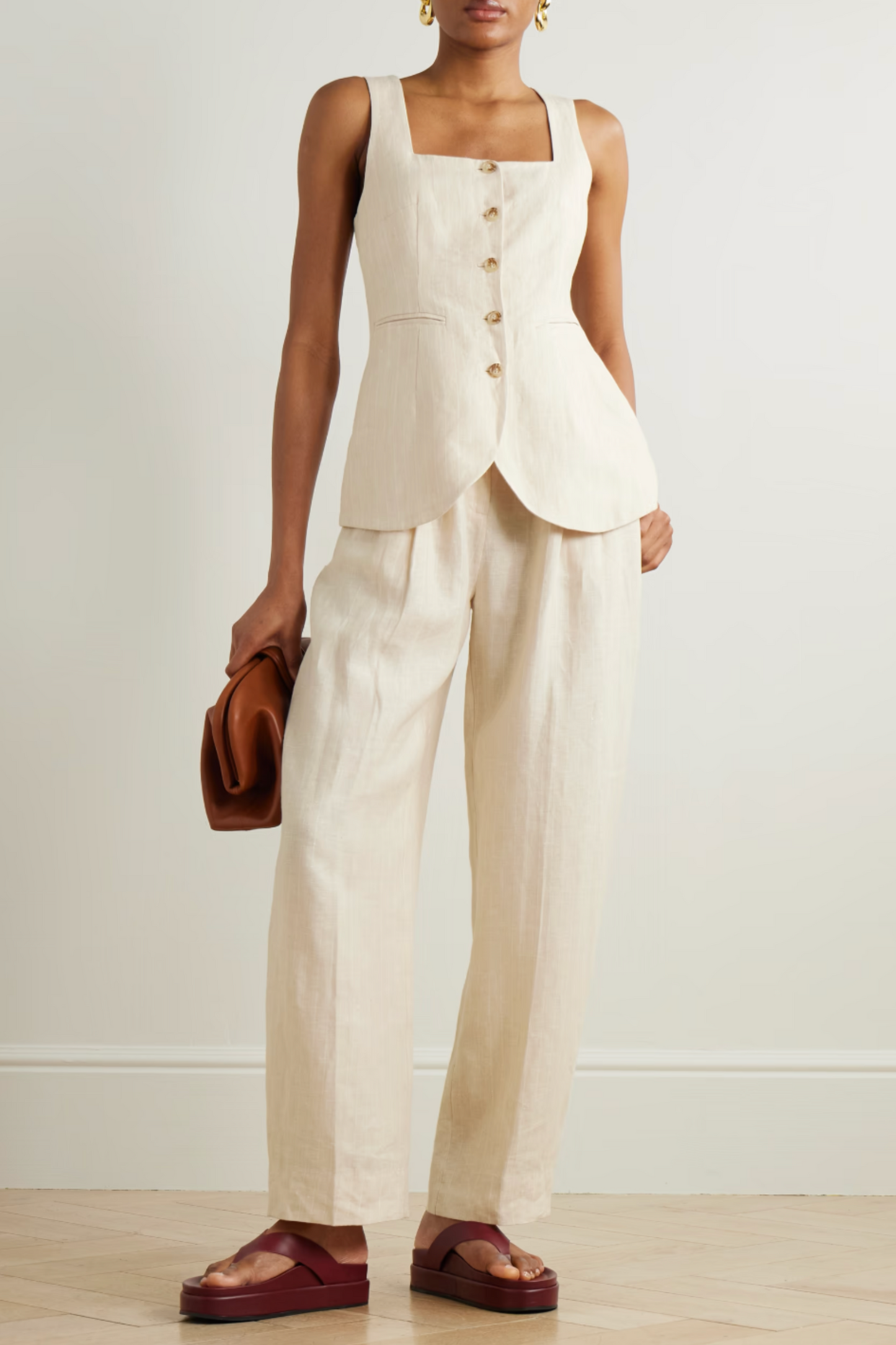 Lucille Pinstriped Linen Vest and Pleated Straight-leg Pants Set
