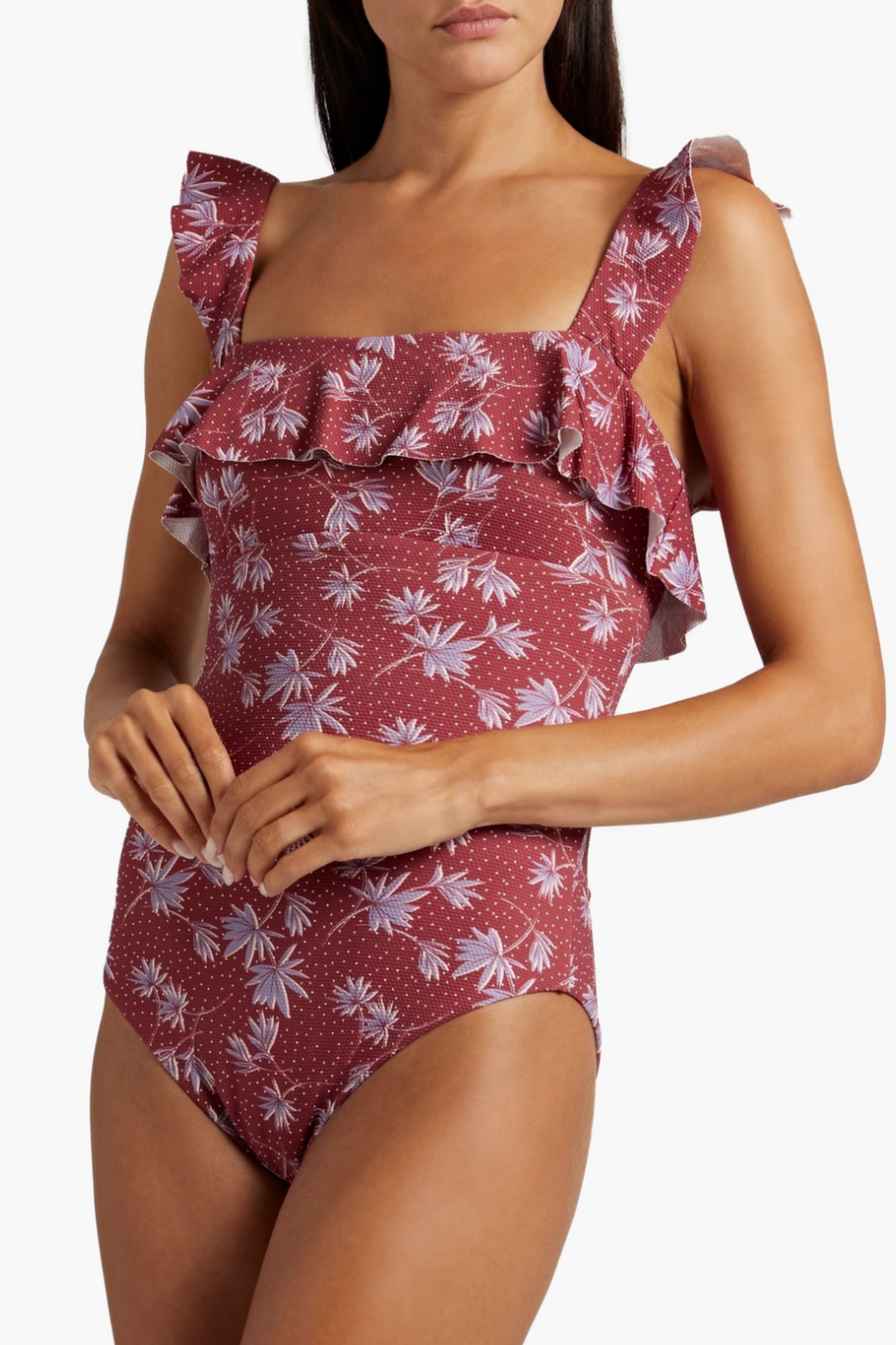 Jace Ruffled Printed Stretch-piquè Swimsuit