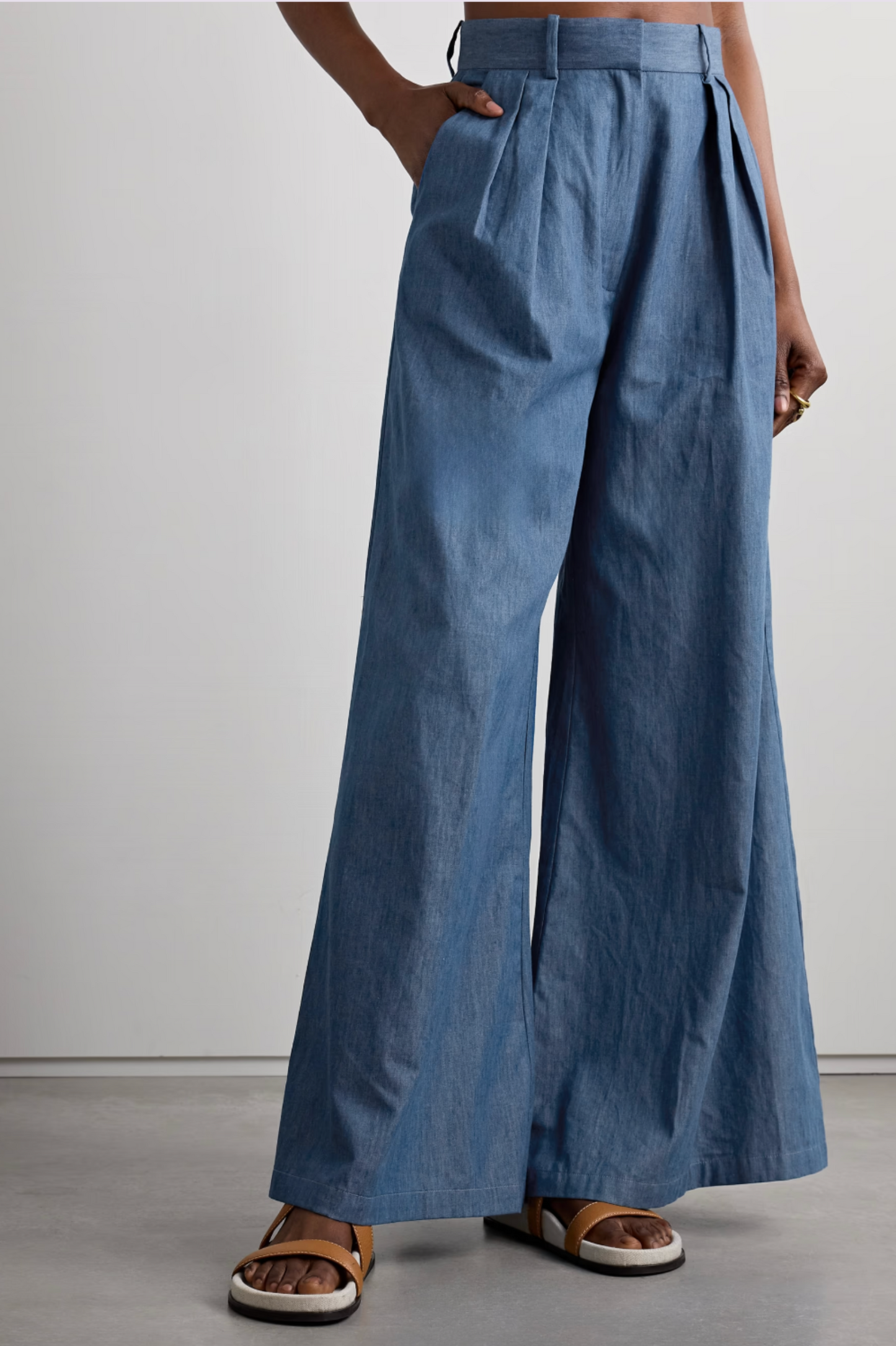 River Pleated Cotton-chambray Wide-leg Pants