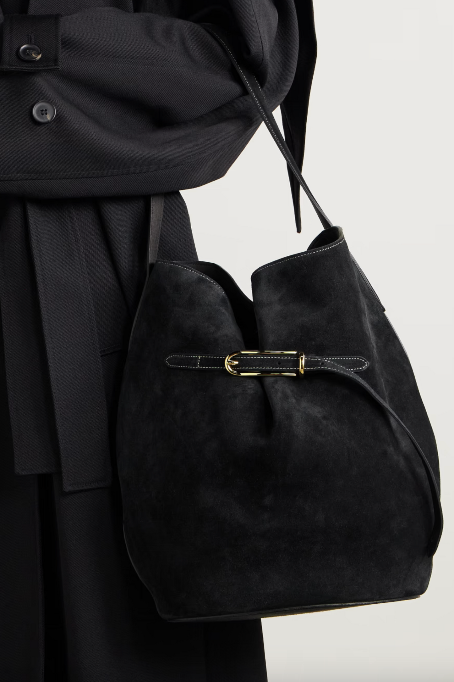 Buckled Suede Bucket Bag
