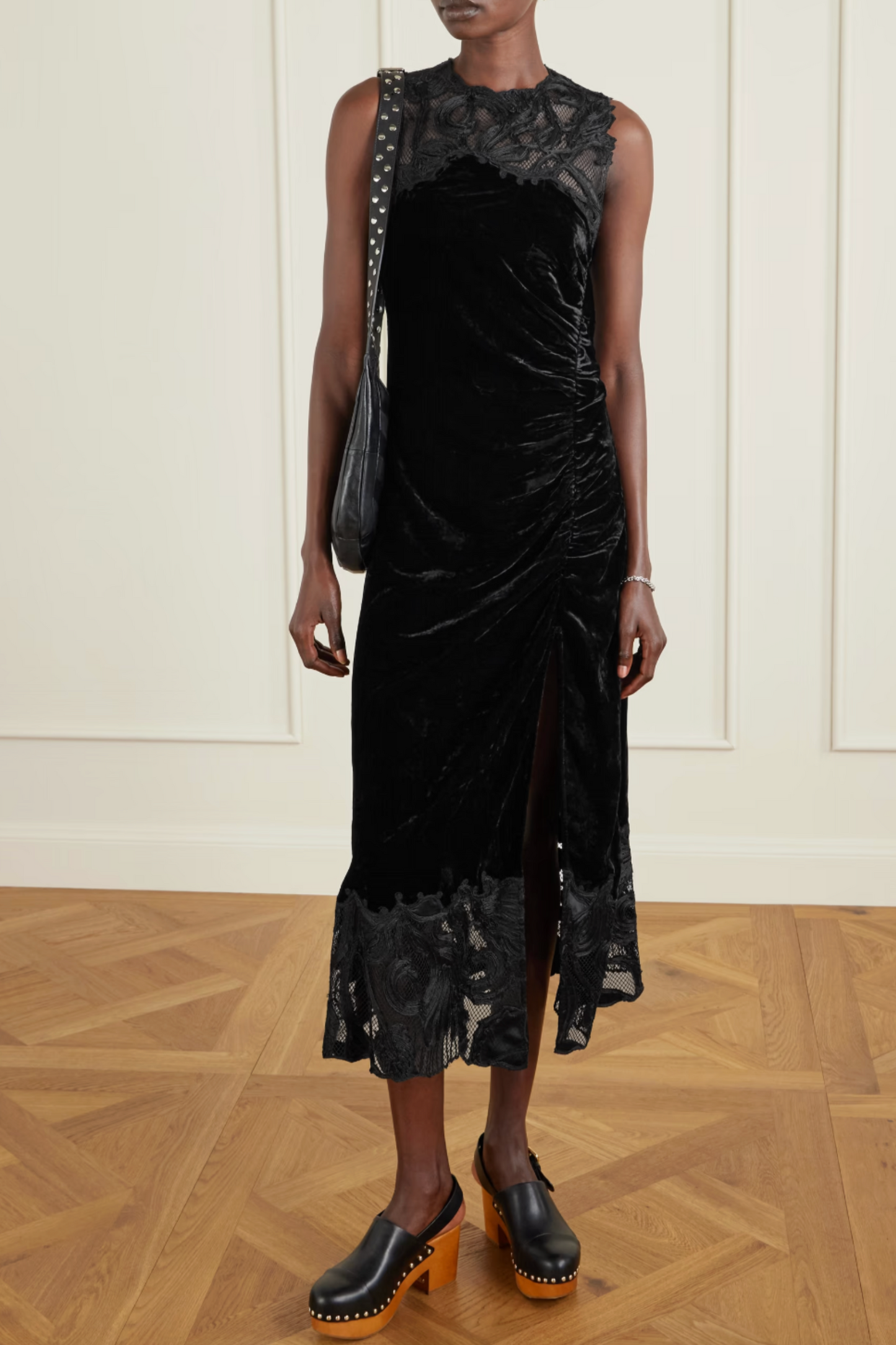 Rosaria Ruched Corded Lace-trimmed Velvet Maxi Dress