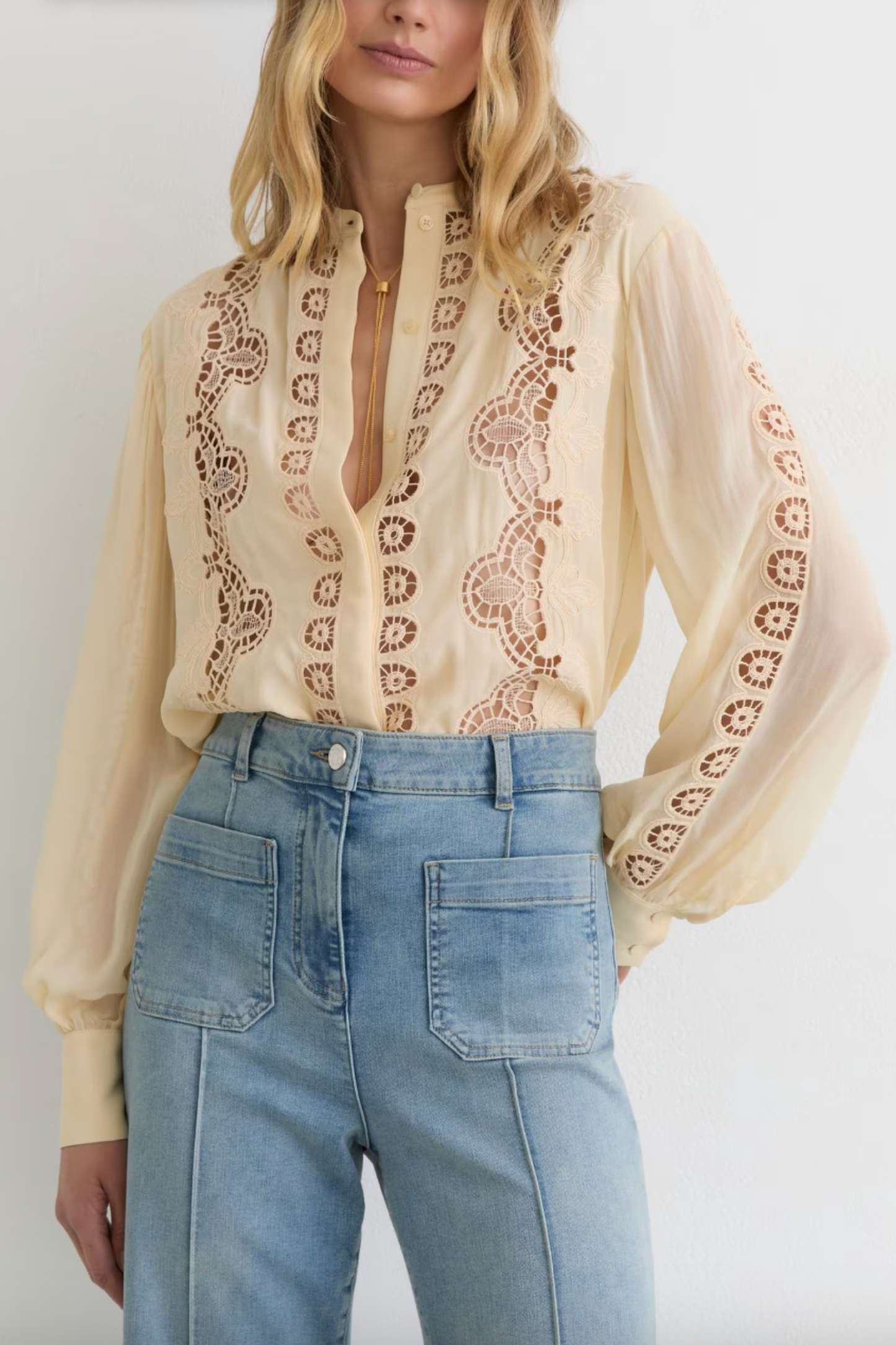 Cutwork-Embroidery Sheer-Sleeve Blouse in Pale Yellow