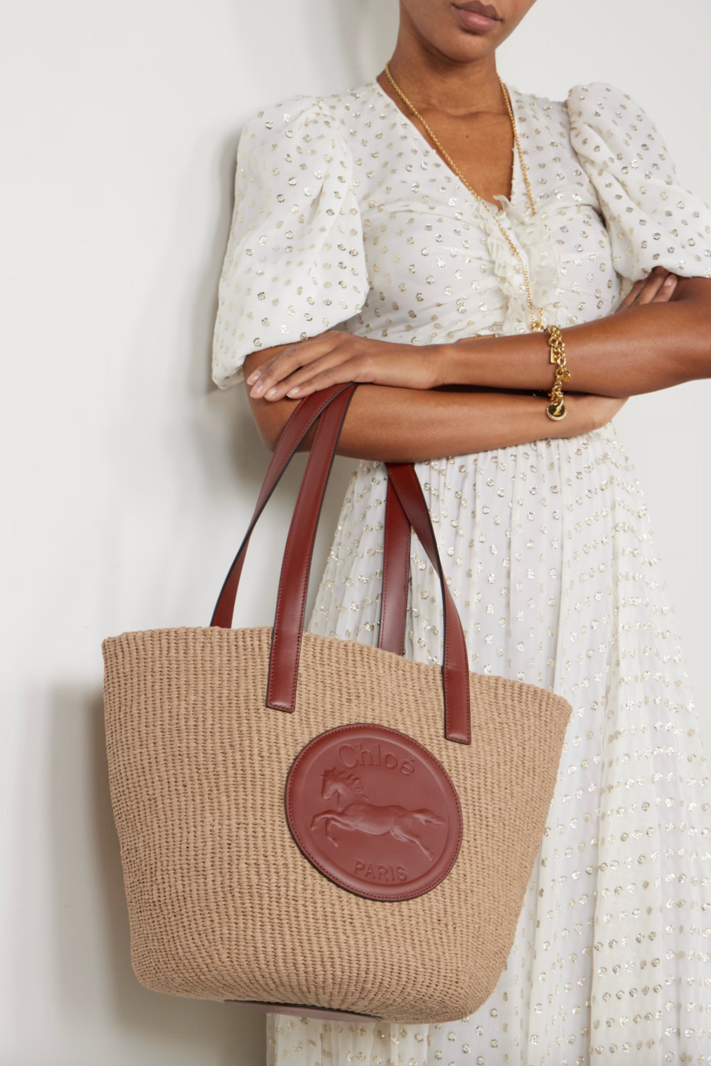 Leather-trimmed Raffia Tote