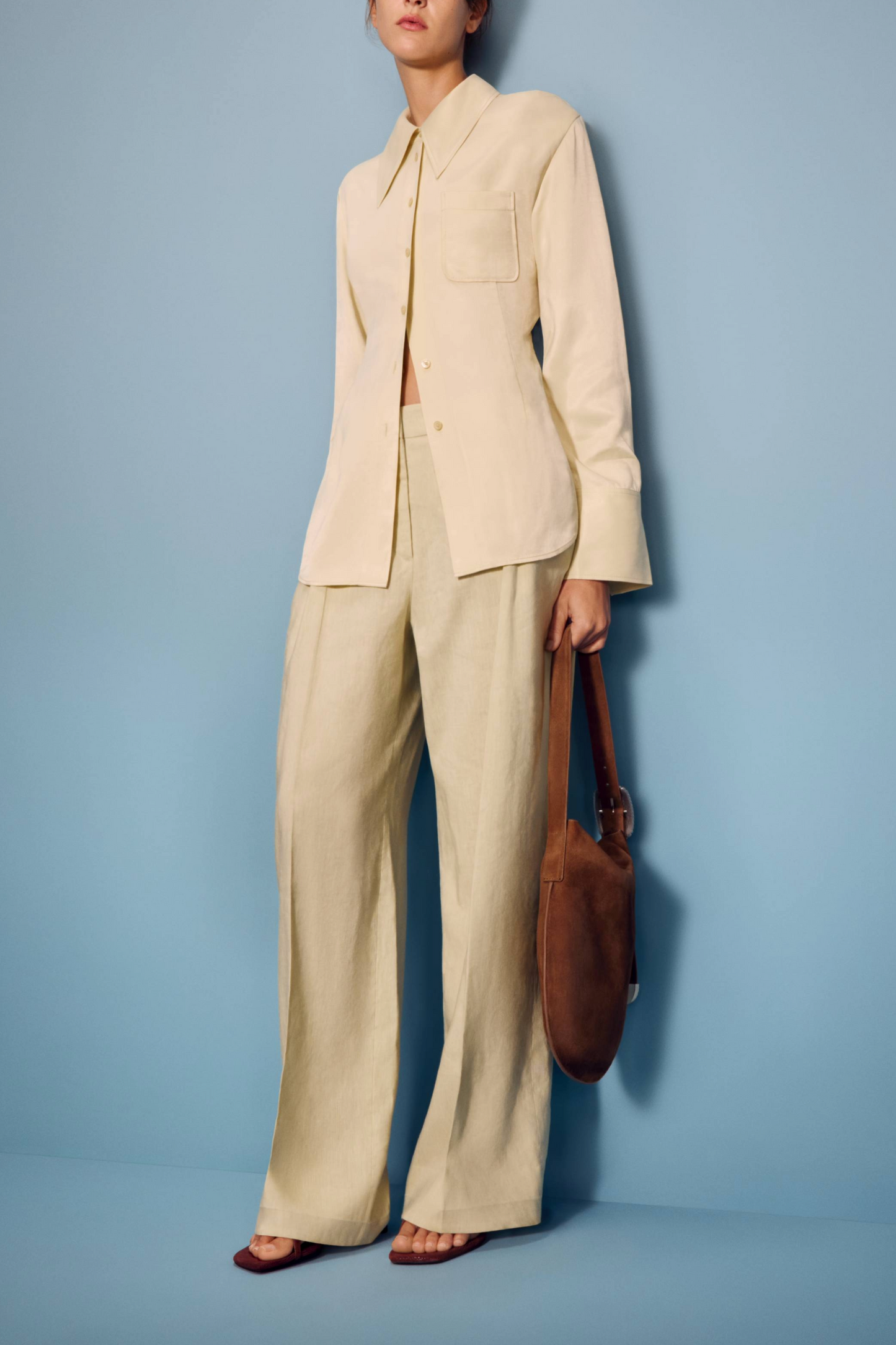 Wide Leg Linen Pleat Detail Tailored Trousers