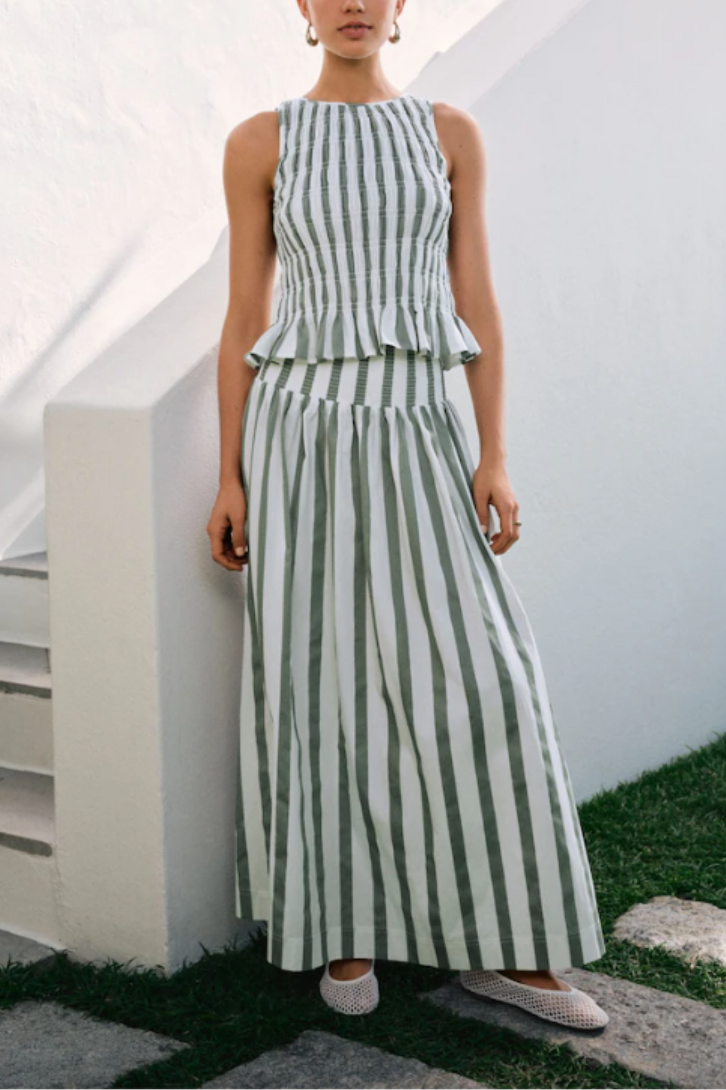 Sage Green Striped Shirred Top and Maxi Skirt