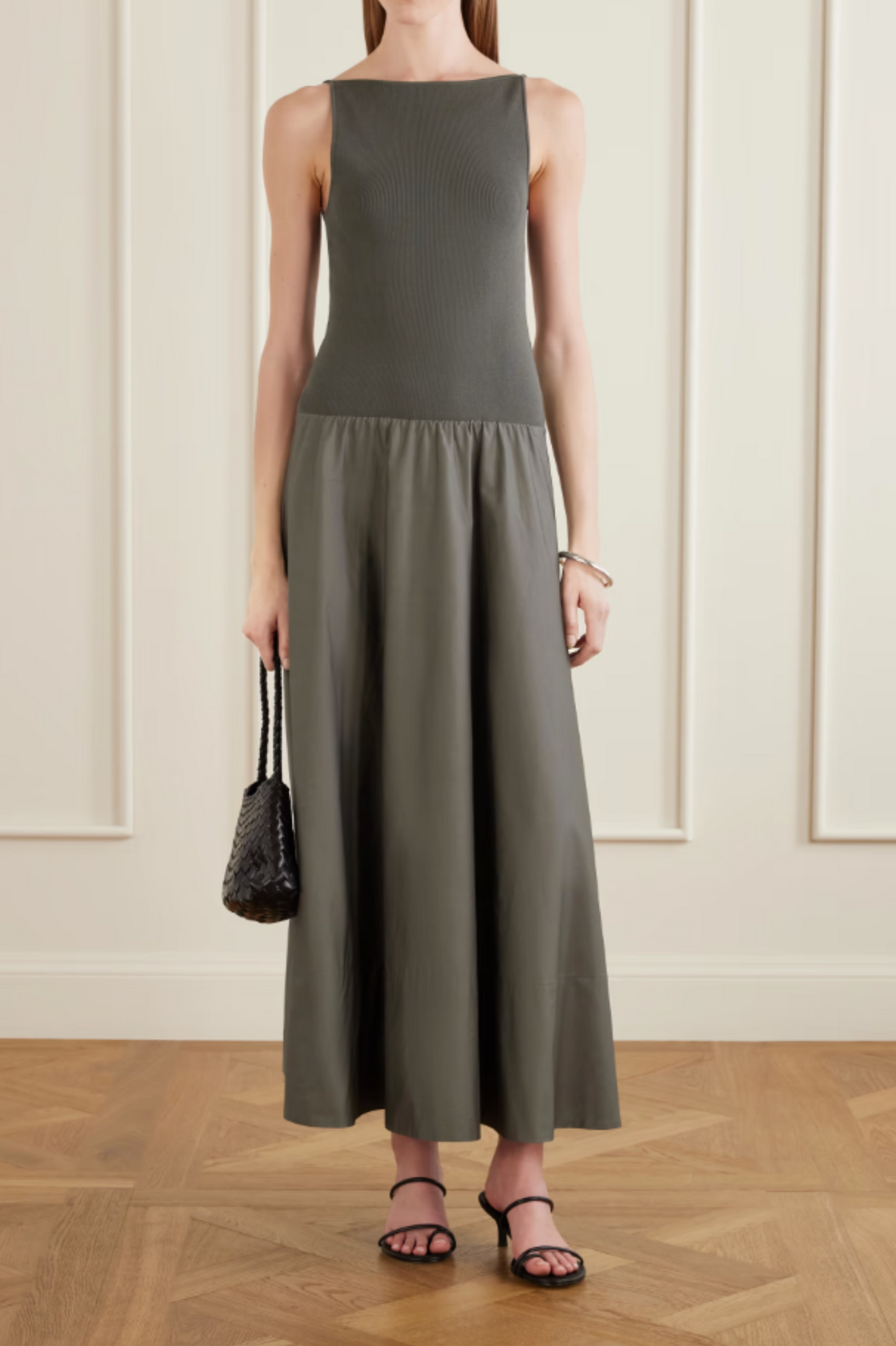 Ribbed Jersey and Cotton-blend Poplin Midi Dress