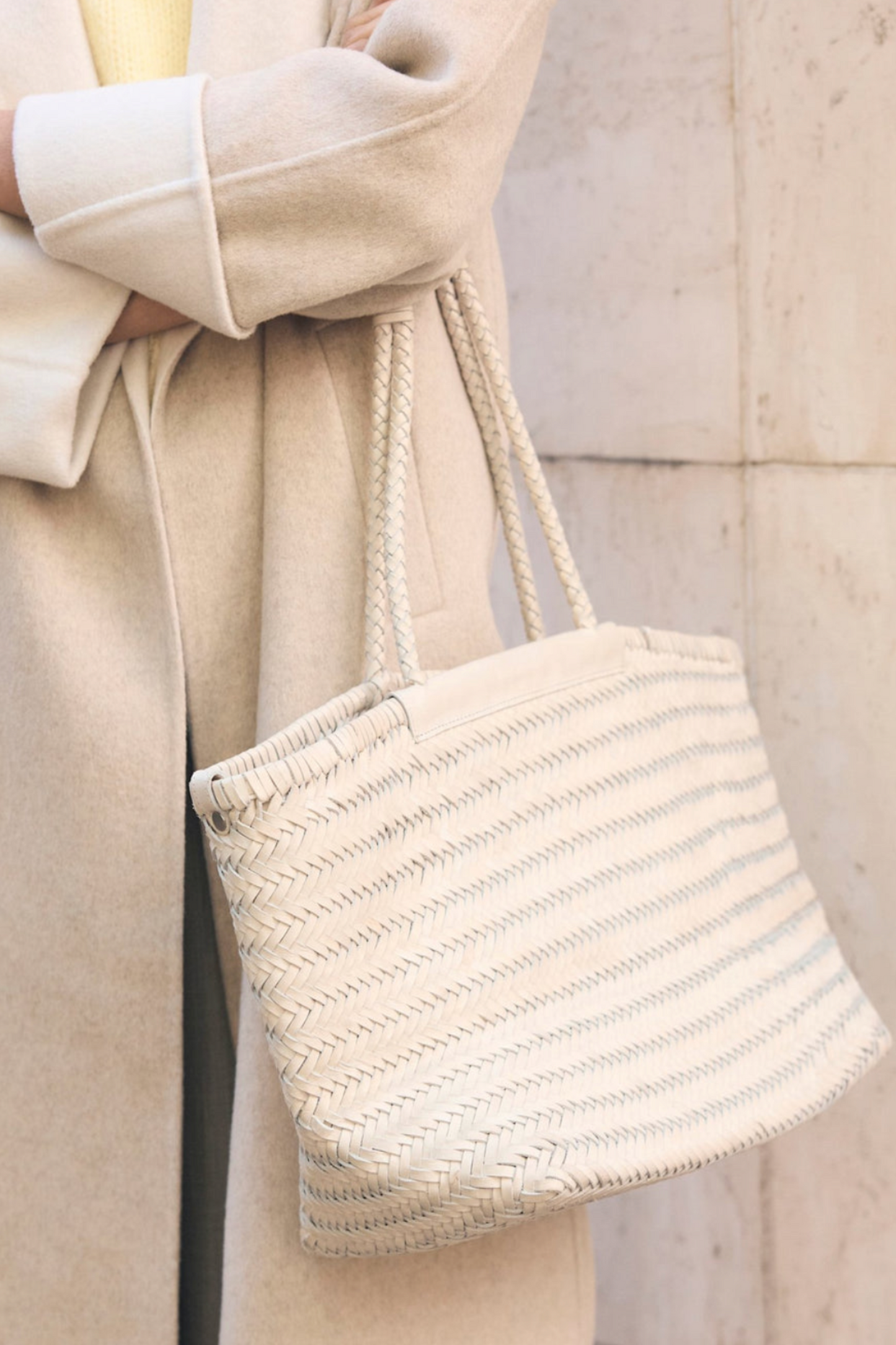 Rae Cream Leather Woven Tote Bag