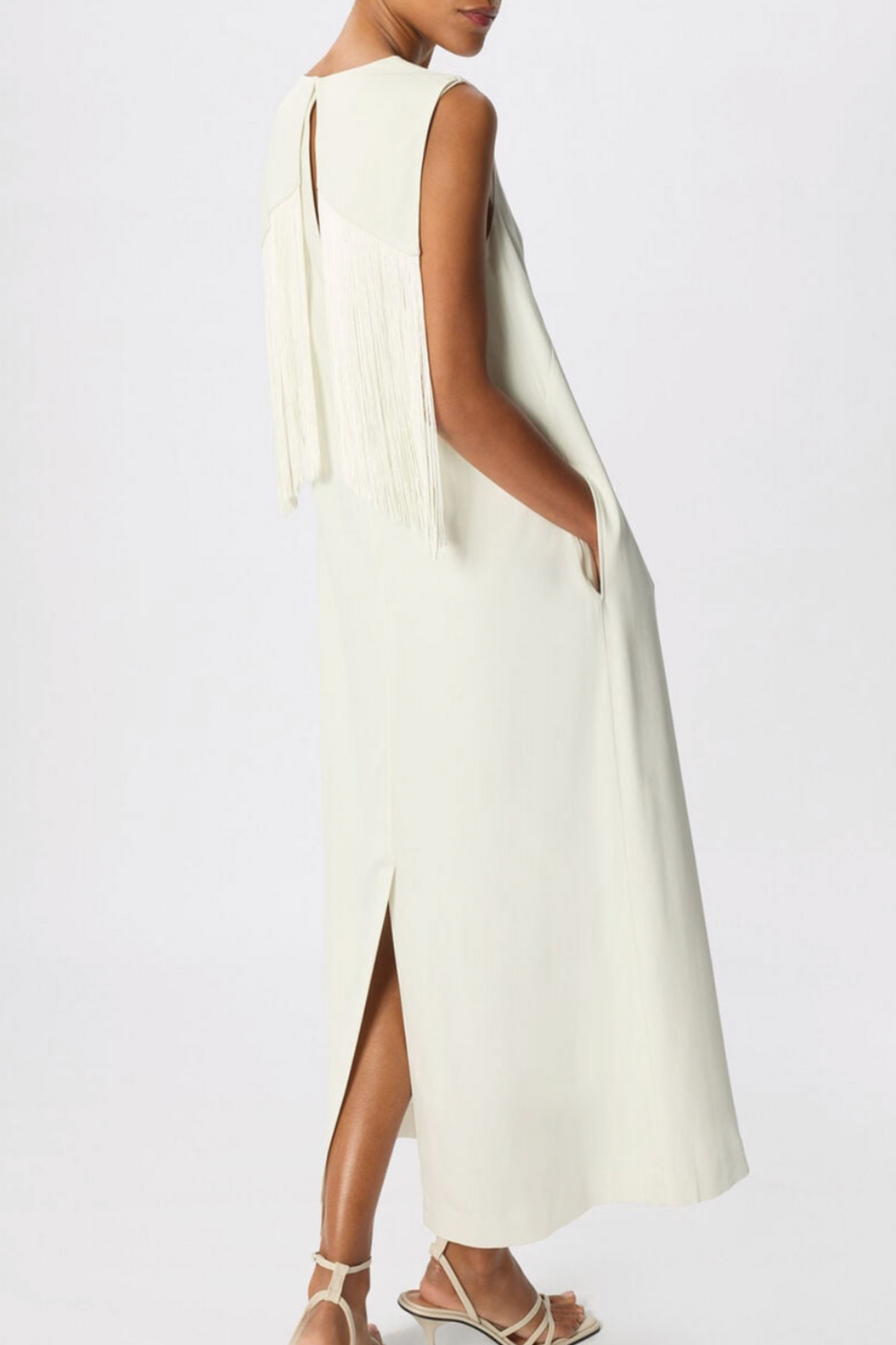 Ivory Fringe Back Midi Dress