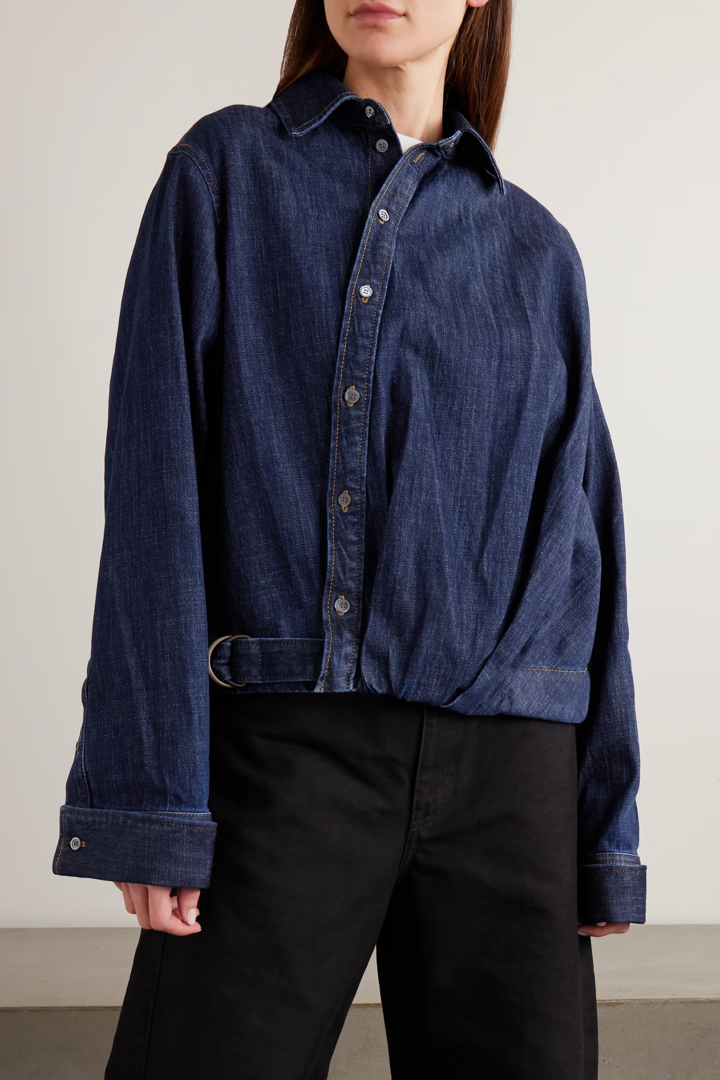 Belted Asymmetric Draped Denim Shirt