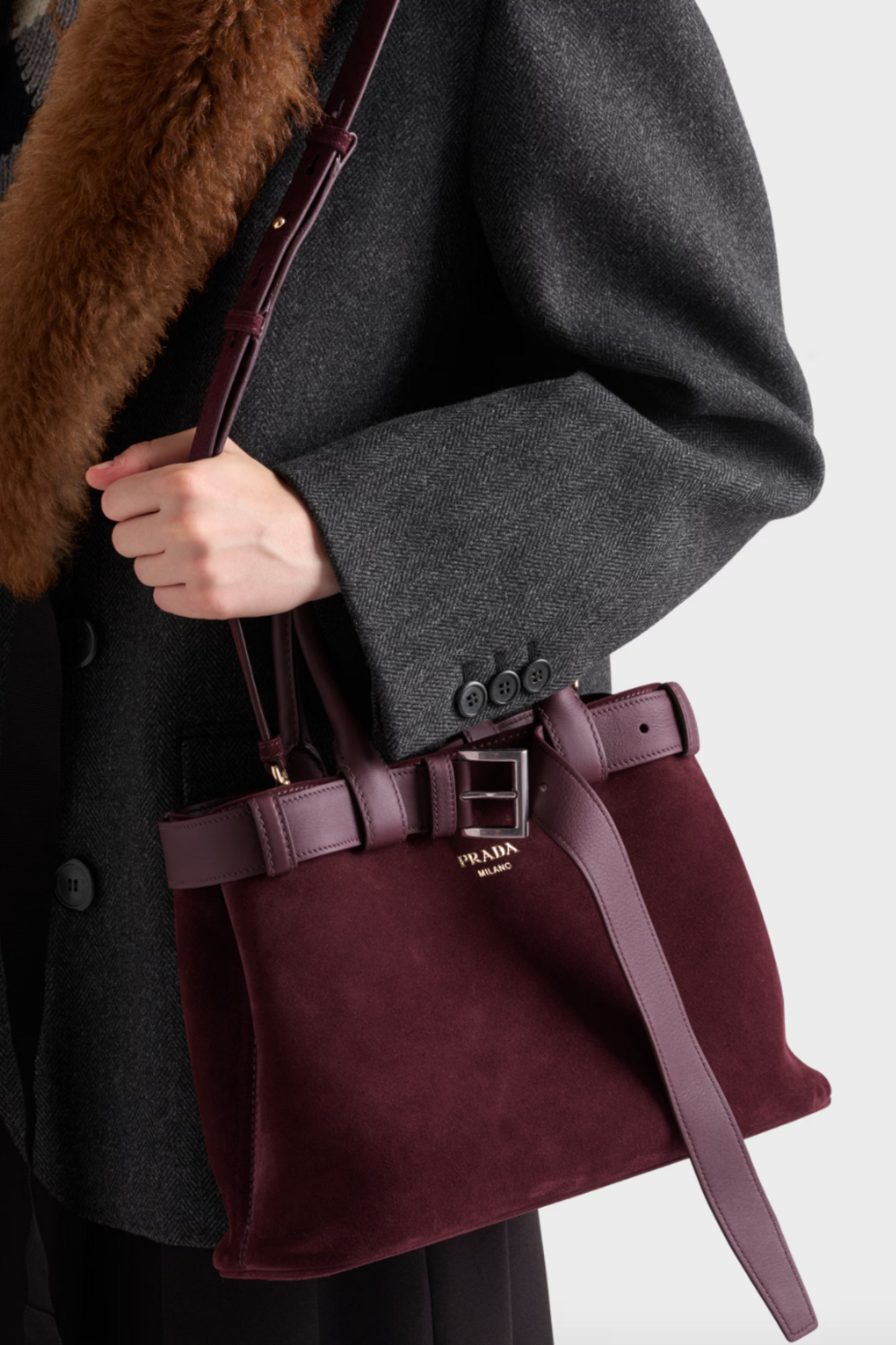 Medium Prada Buckle Suede Bag with Belt