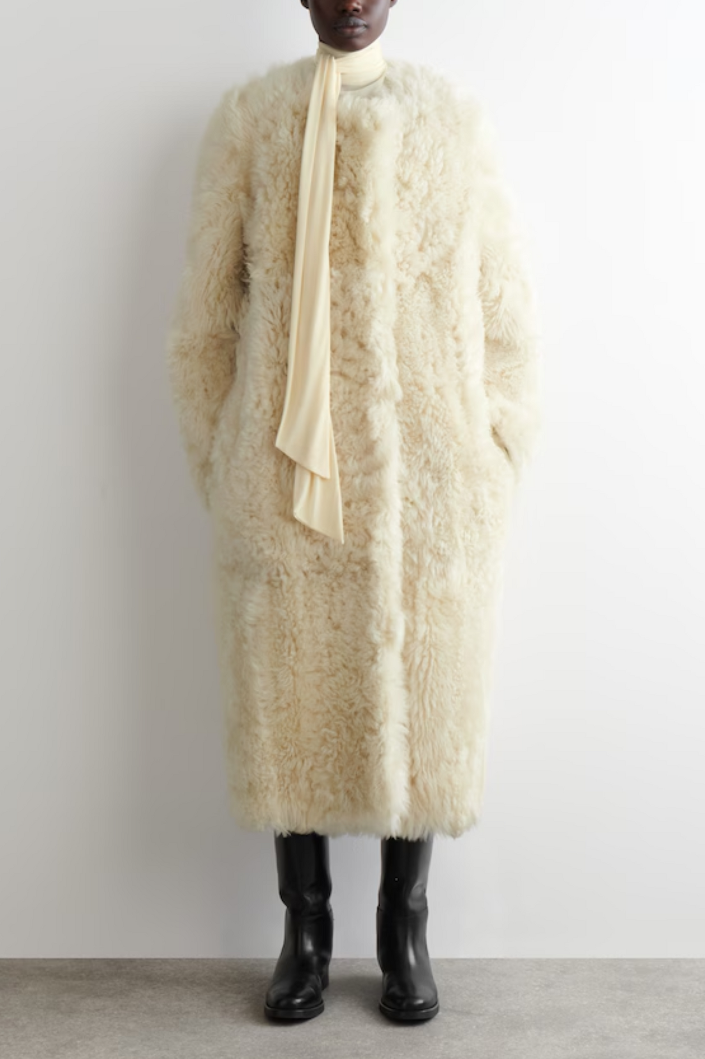 Collarless Shearling Long Coat