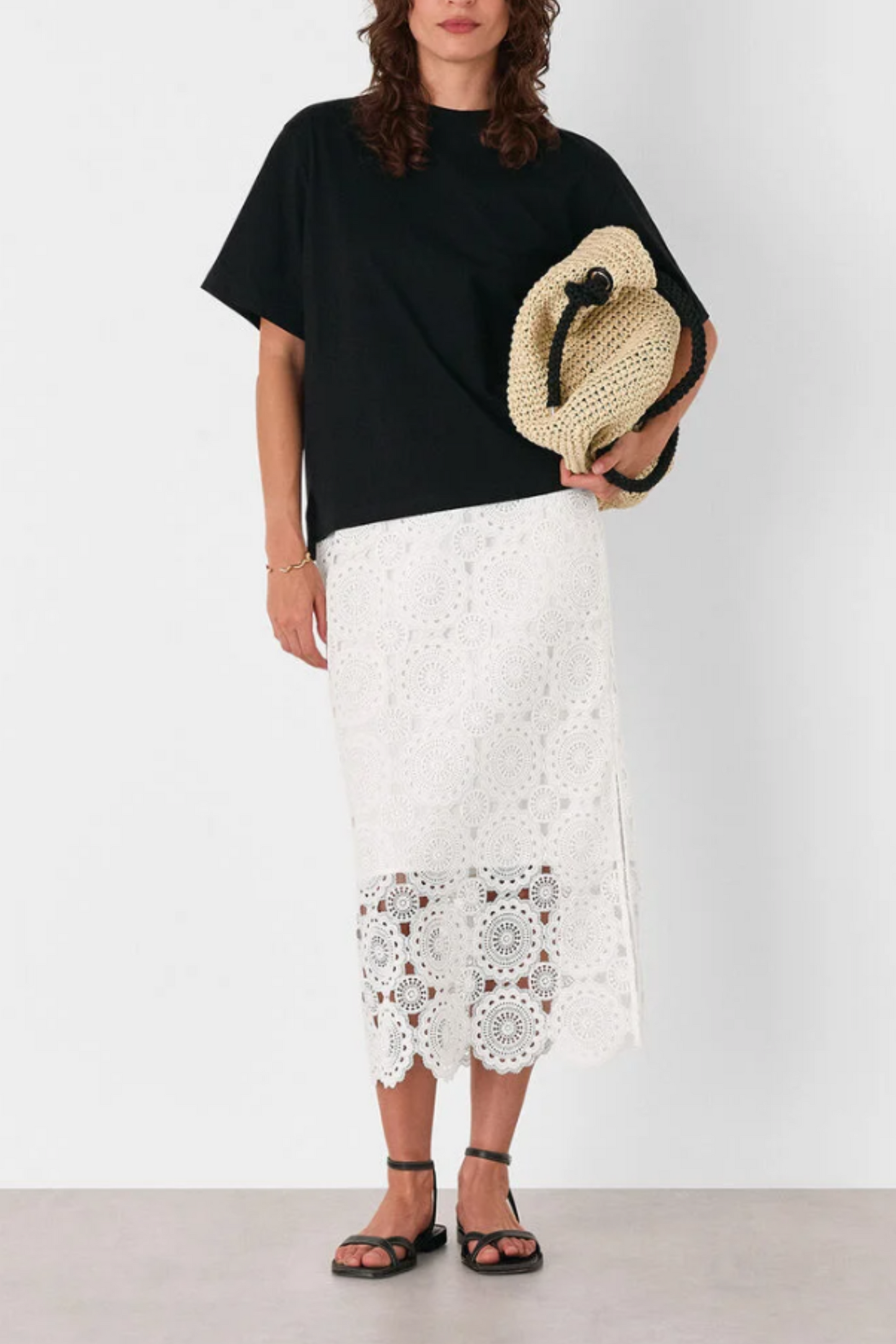 White Lace Column Midi Skirt