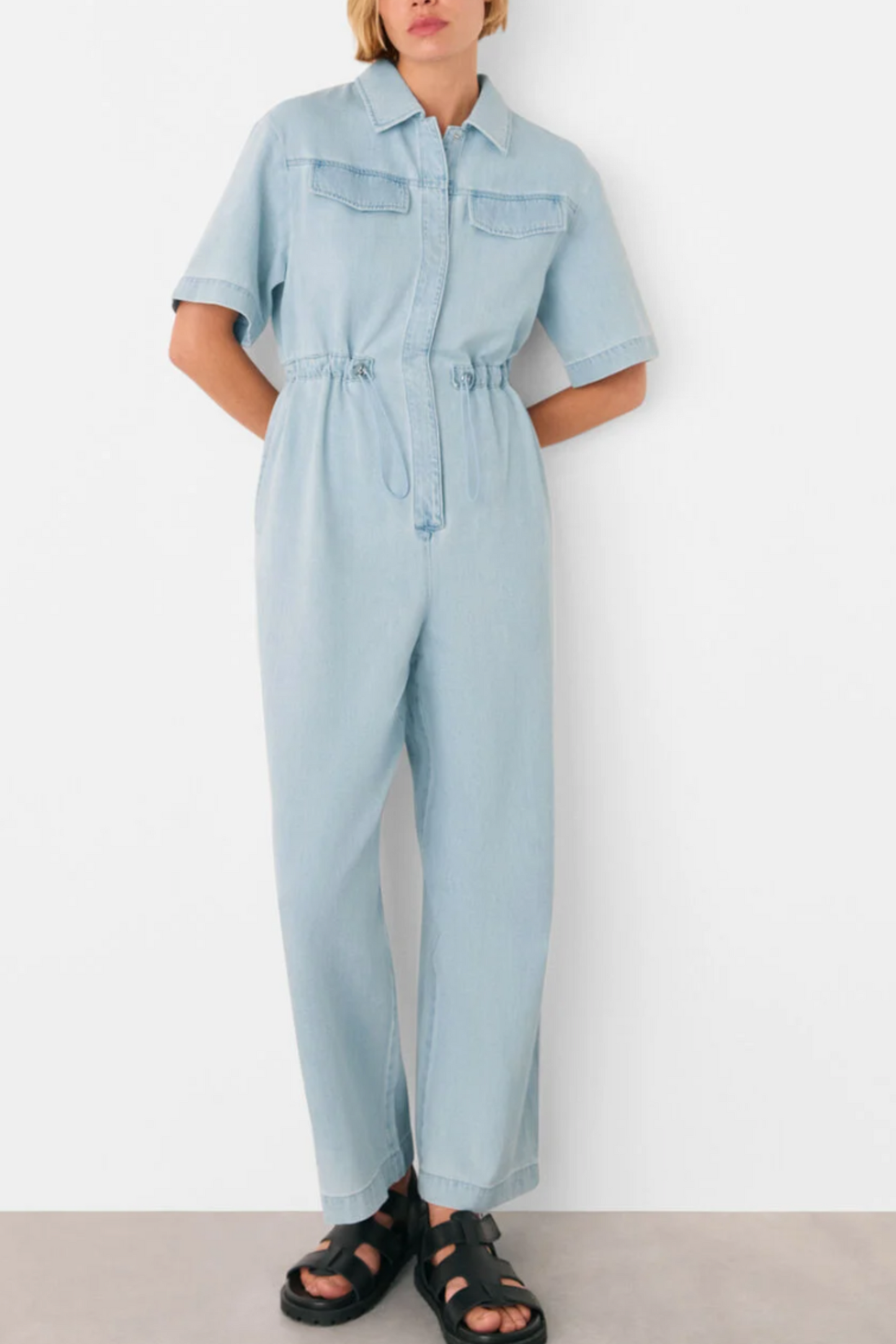 Denim Short Sleeve Utility Jumpsuit