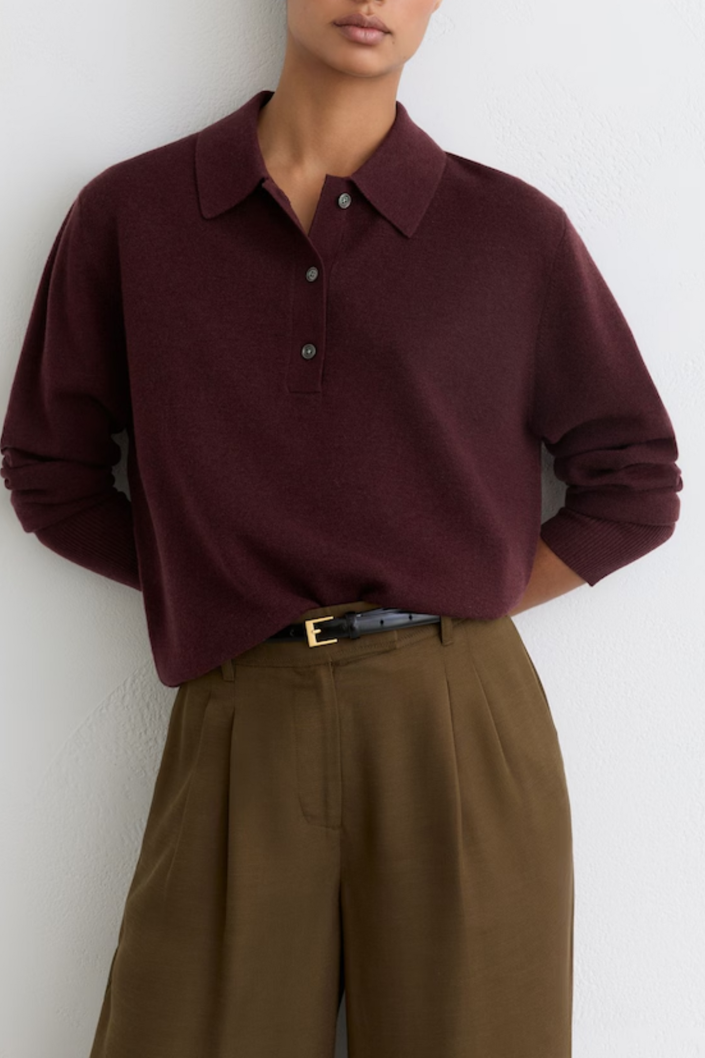 Merino Wool Knitted Polo Jumper in Plum Purple