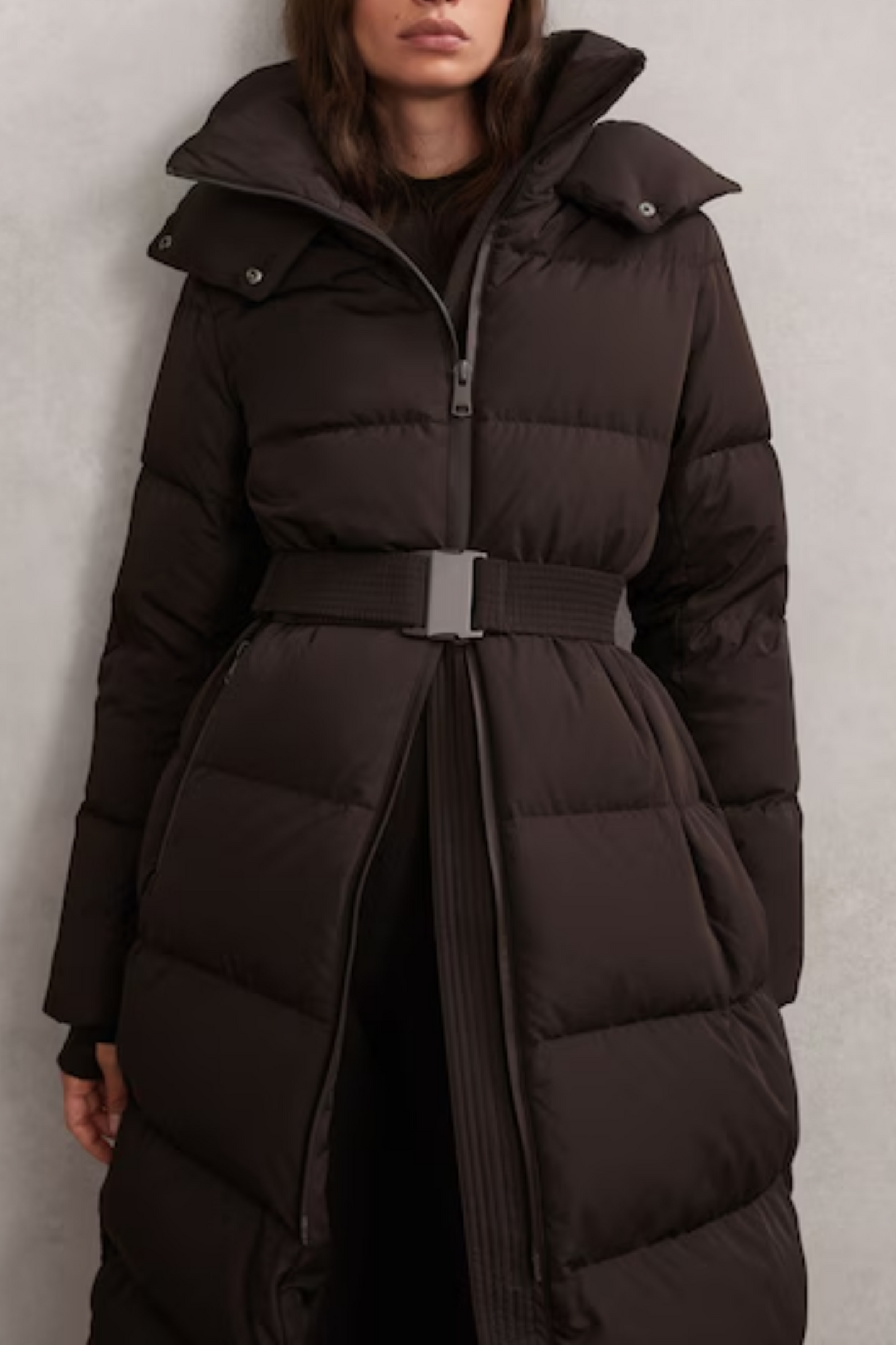 Petite Belted Longline Hooded Puffer Coat in Chocolate Brown
