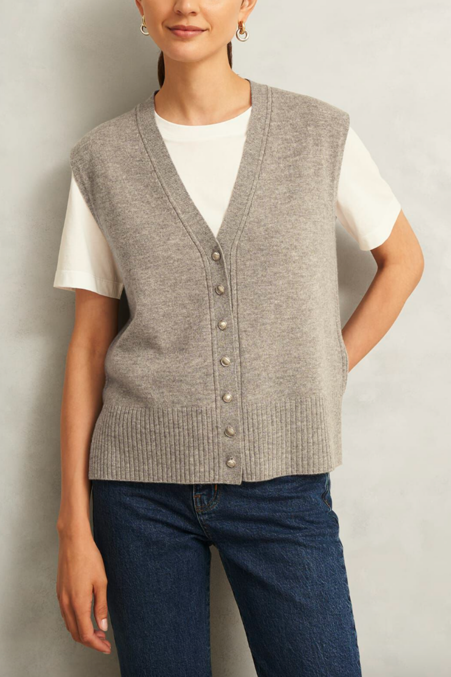 Beige Maya Wool Cashmere V Neck Button Knitted Vest