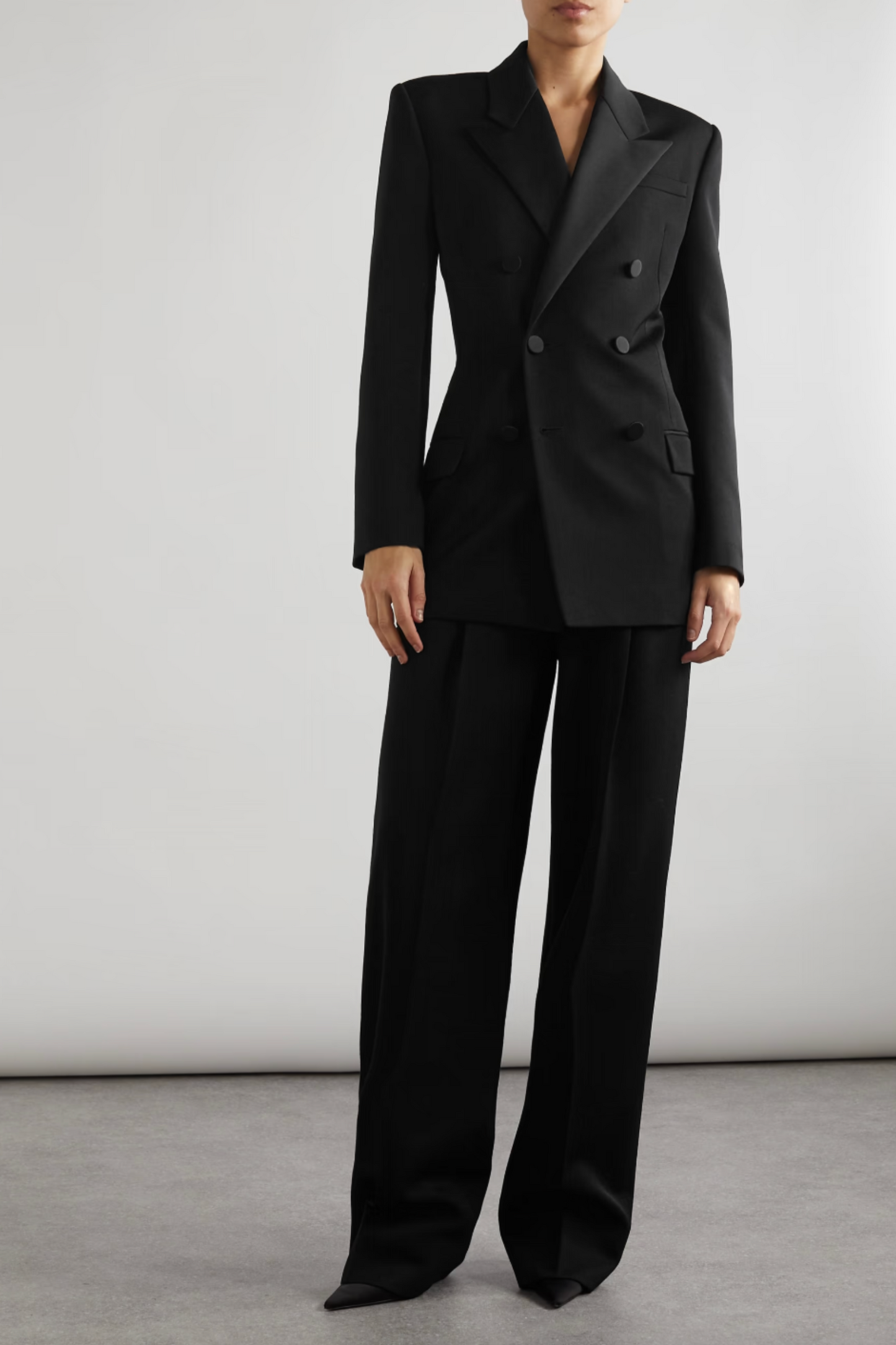 Double-Breasted Twill-Trimmed Grain De Poudre Wool Blazer And Pleated Wide-Leg Pants