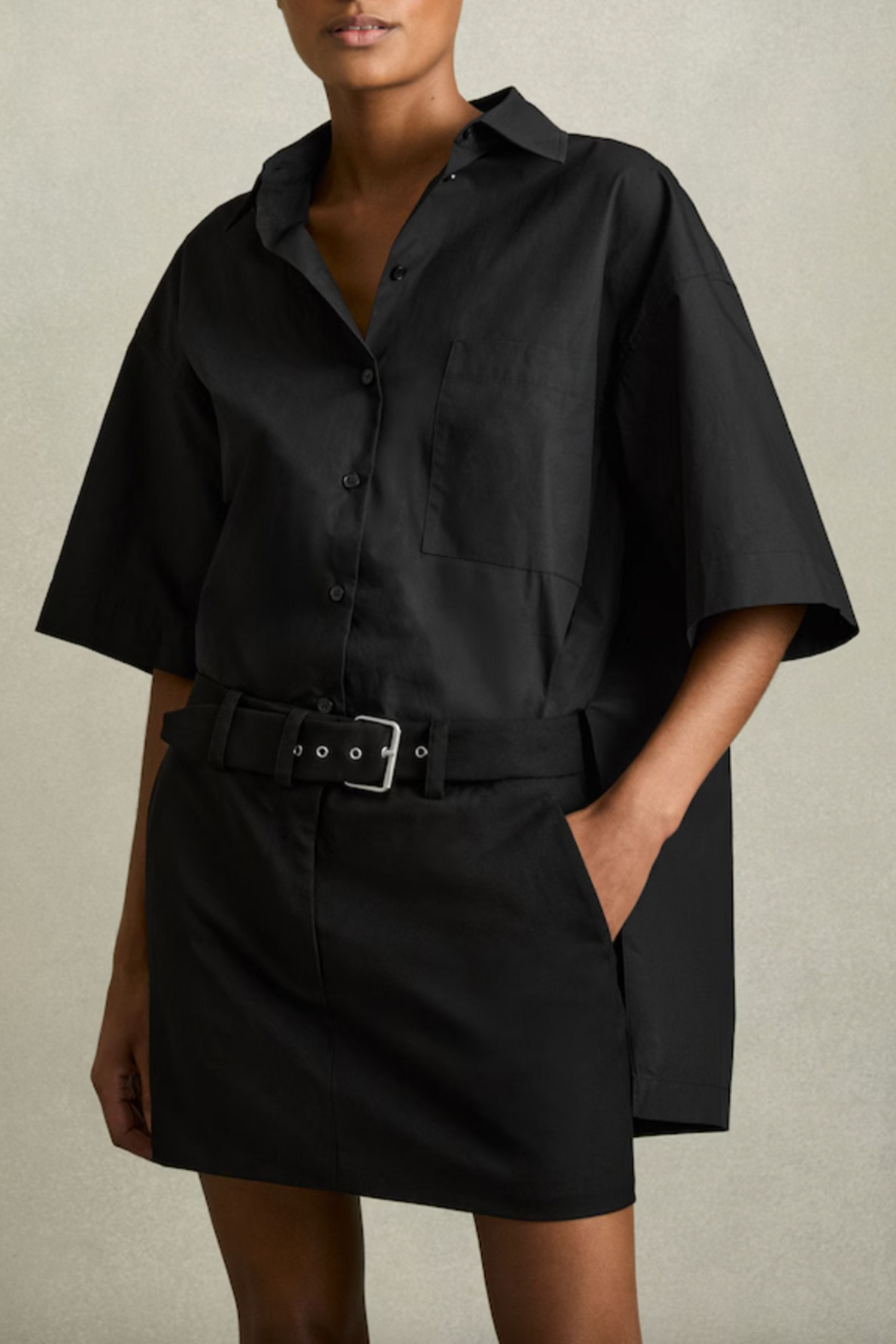 Cotton Woven Belted Shirt Dress in Black