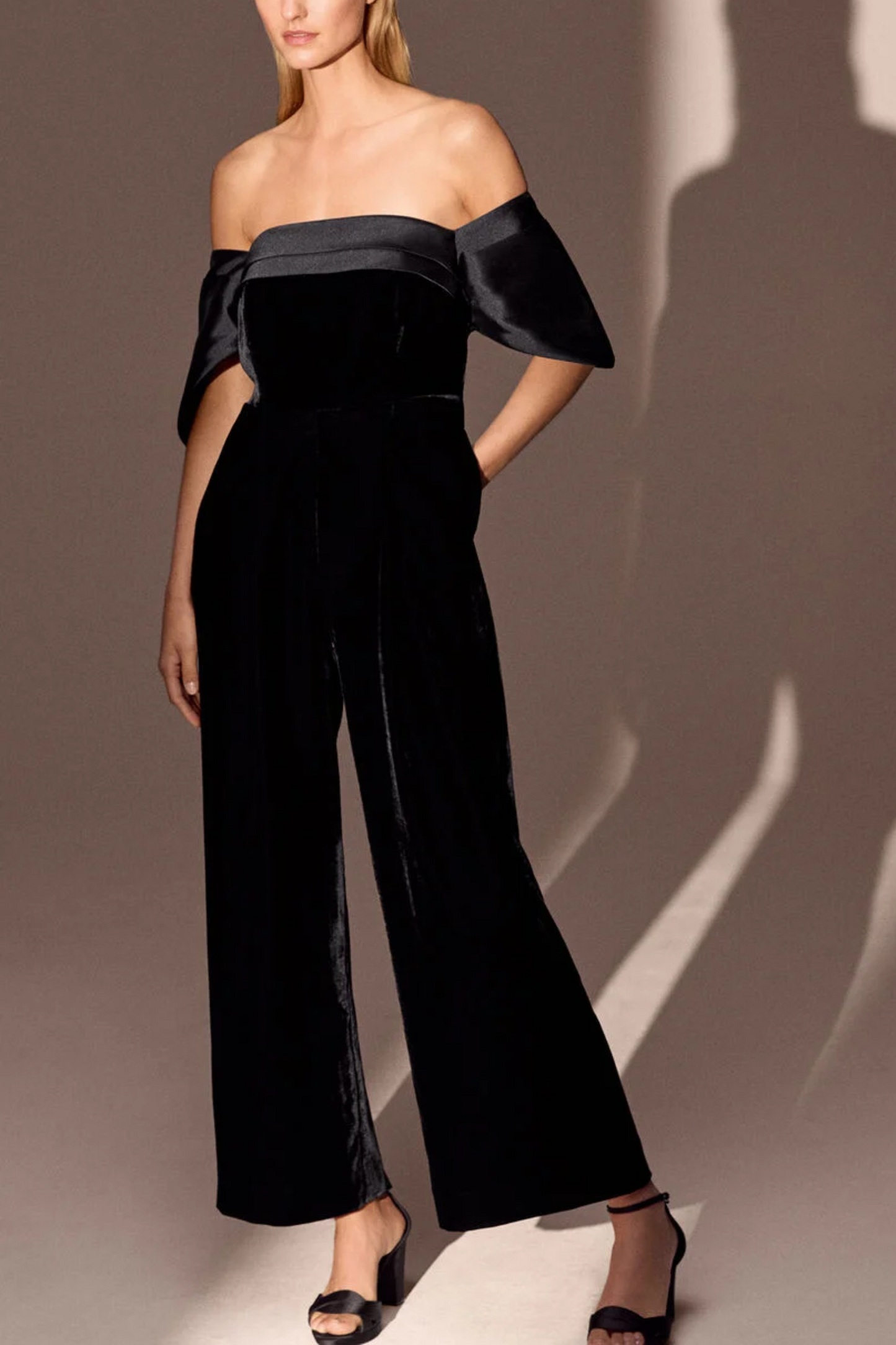 Angelica Black Bardot Velvet Jumpsuit