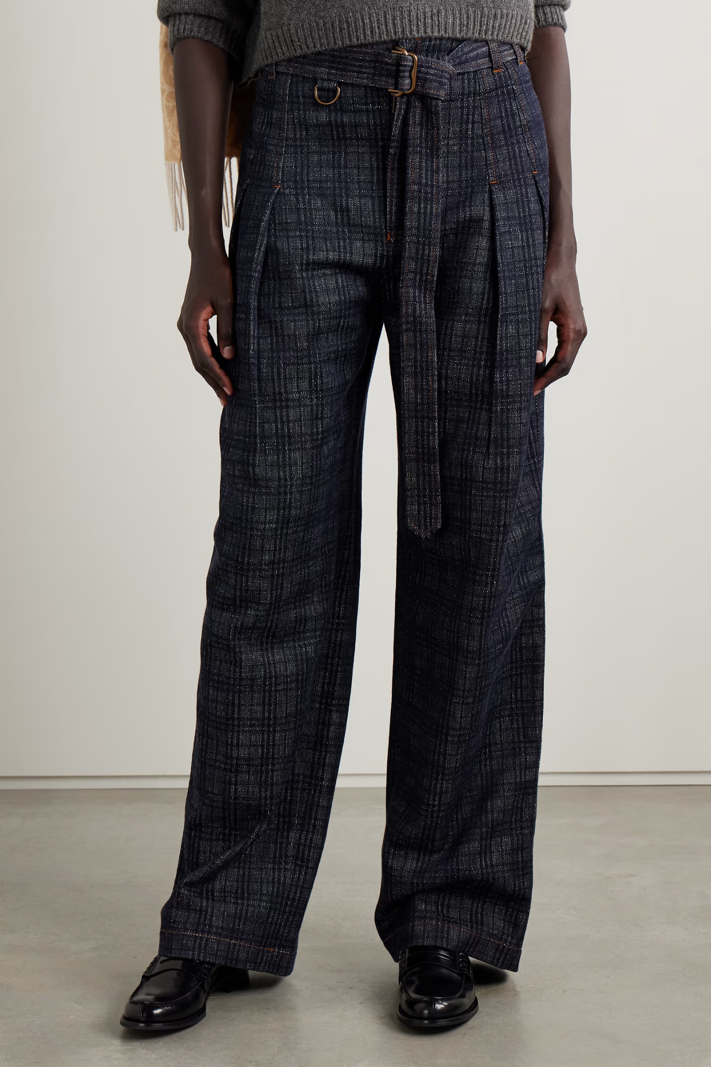 Belted Pleated Cotton-tweed Wide-leg Pants