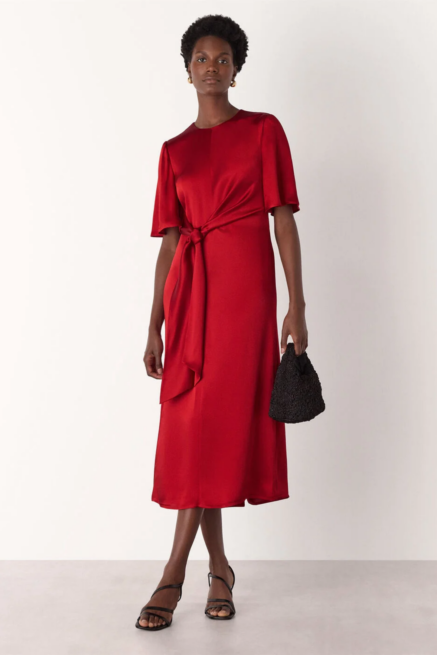 Red Satin Twist Waist Midi Dress