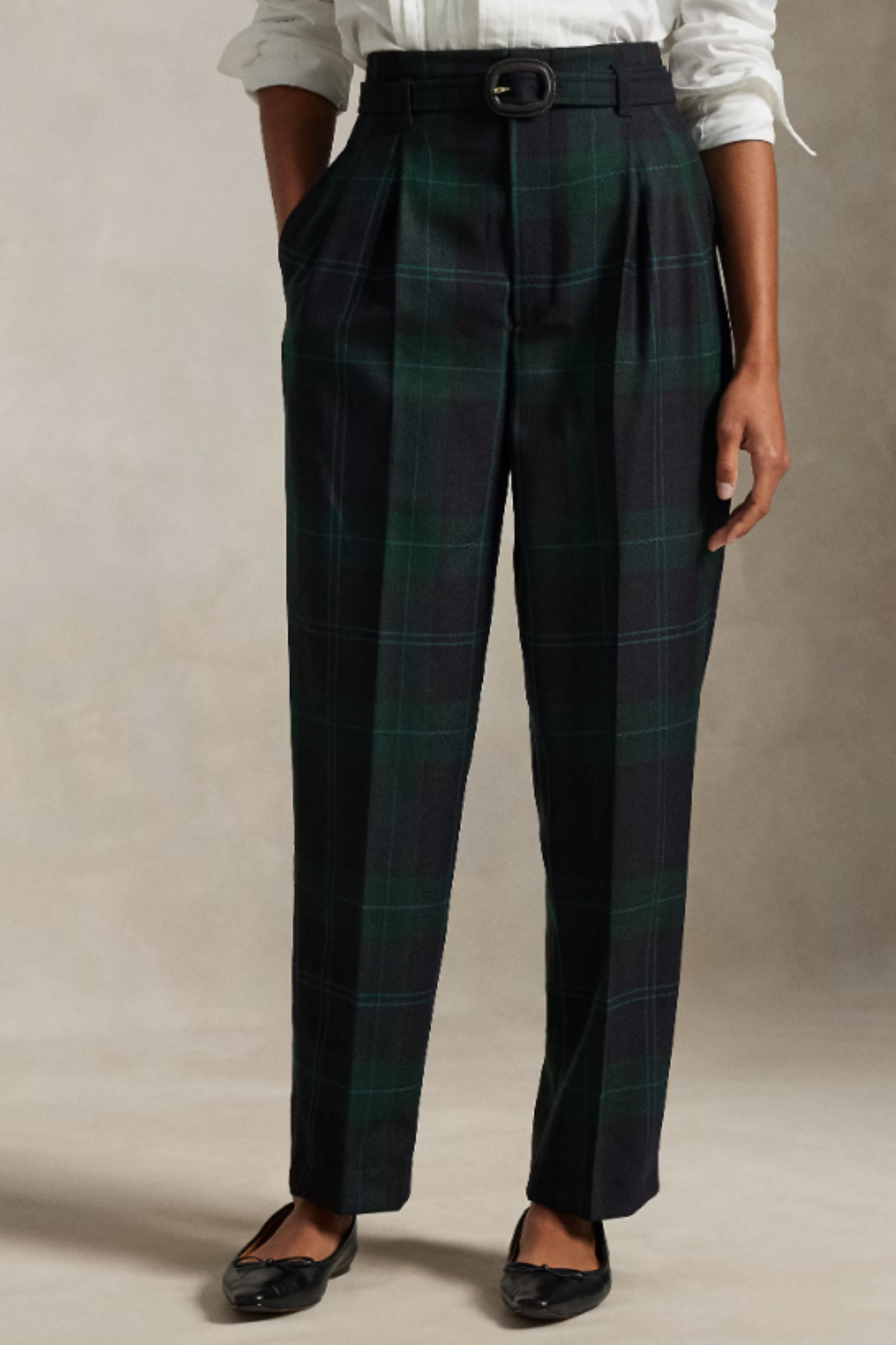 Belted Plaid Wool Tapered Trouser