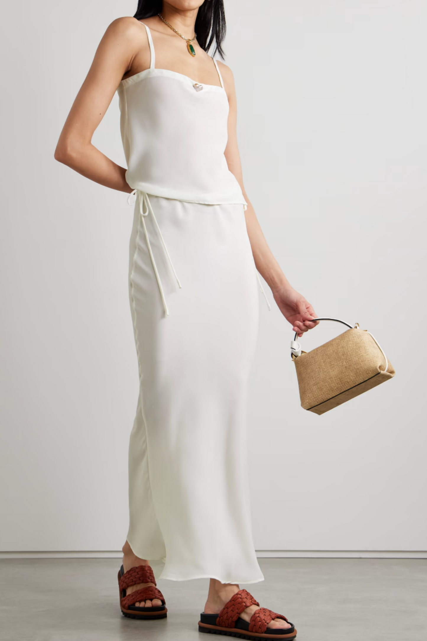 Ola Pearl Embellished Recycled Crepe de Chine Midi Skirt