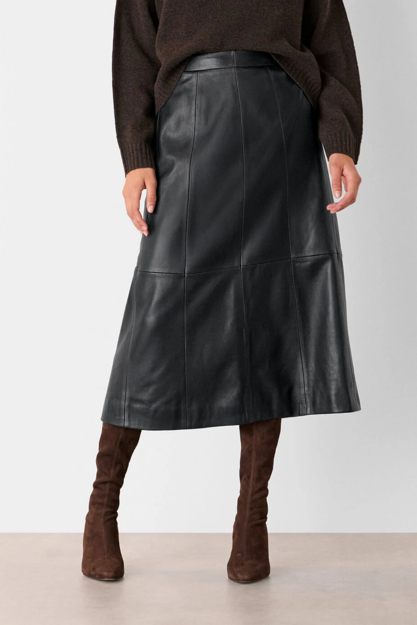 Black Burnished Leather Midi Skirt