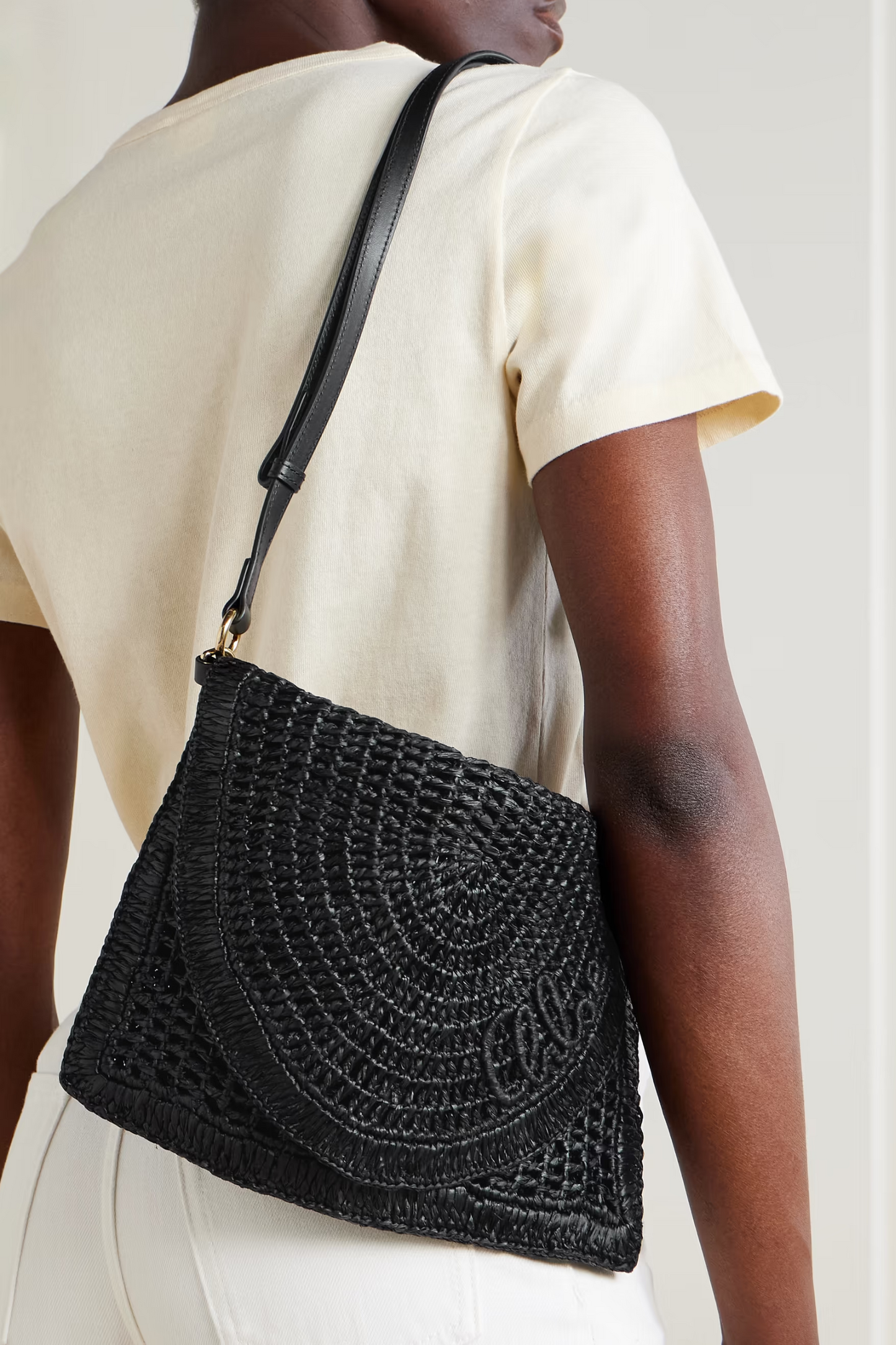 Banana Leather-trimmed Raffia Shoulder Bag