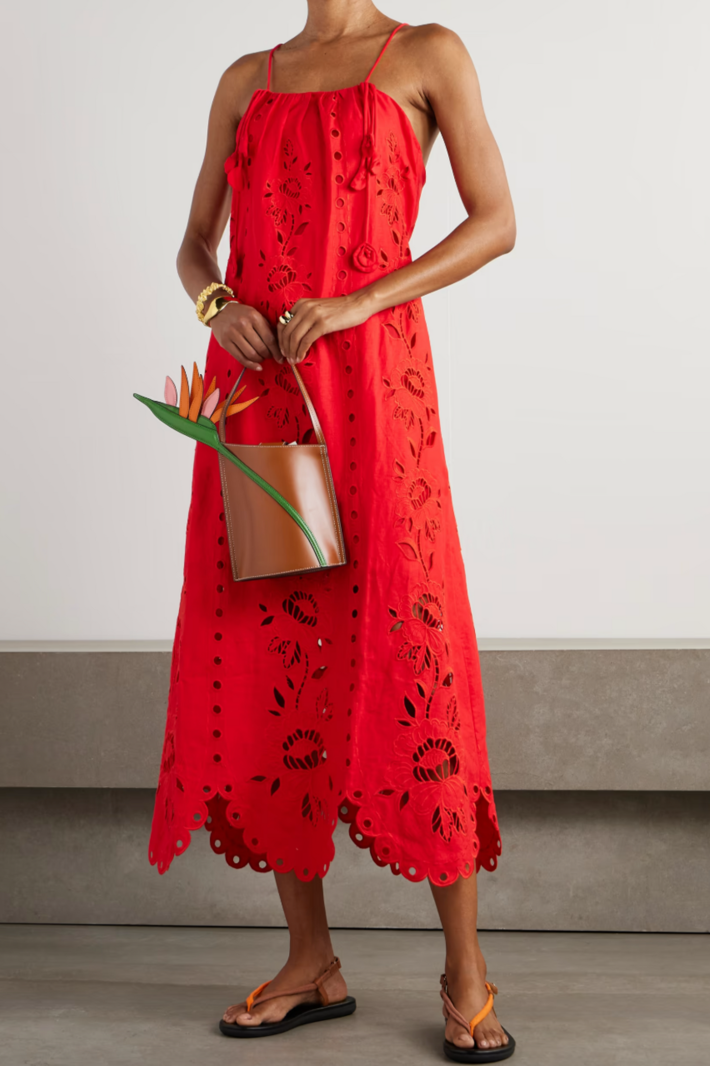 Embellished Broderie Anglaise Linen Blend Midi Dress