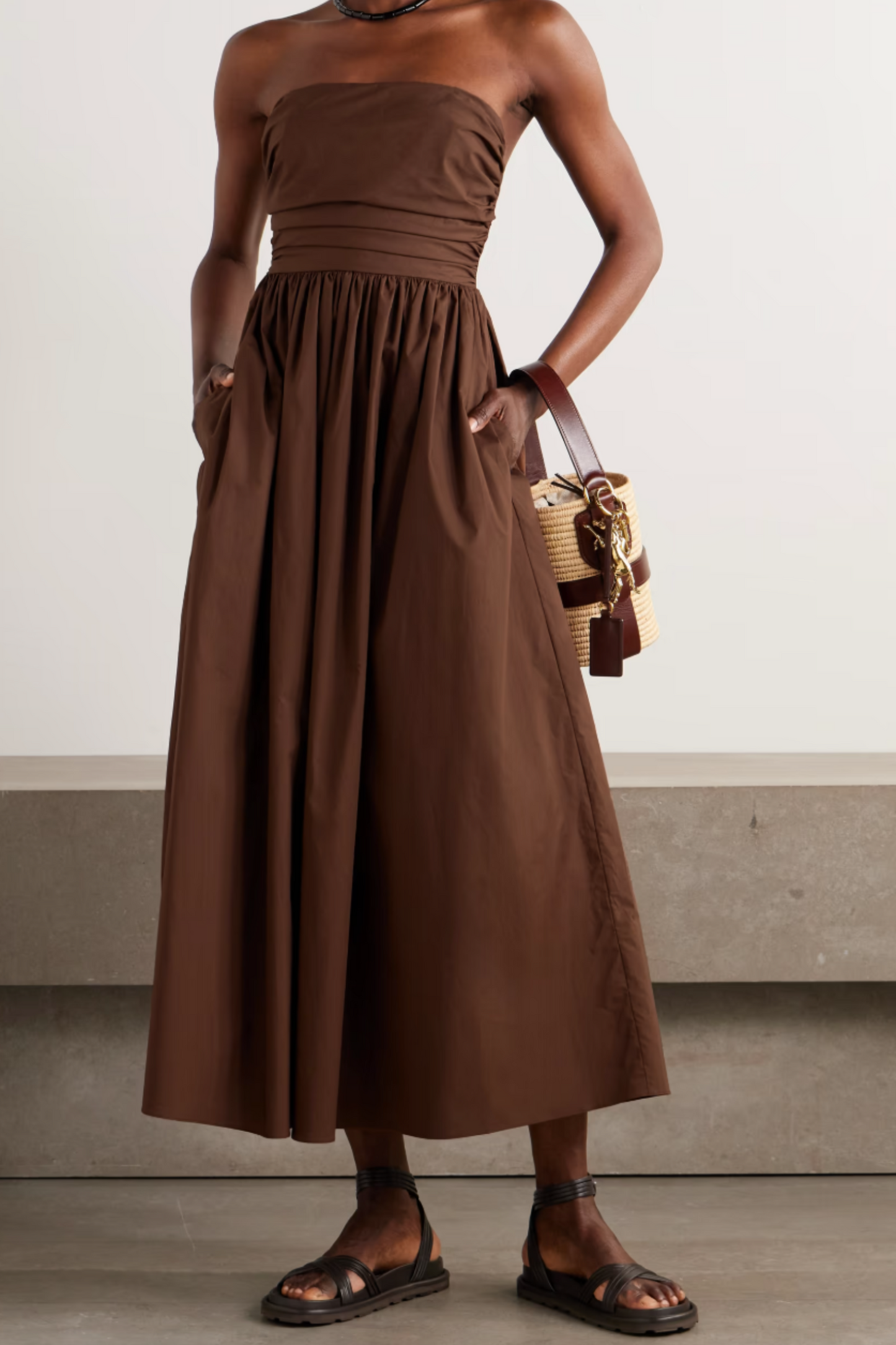 Strapless Gathered Organic Cotton-Poplin Midi Dress