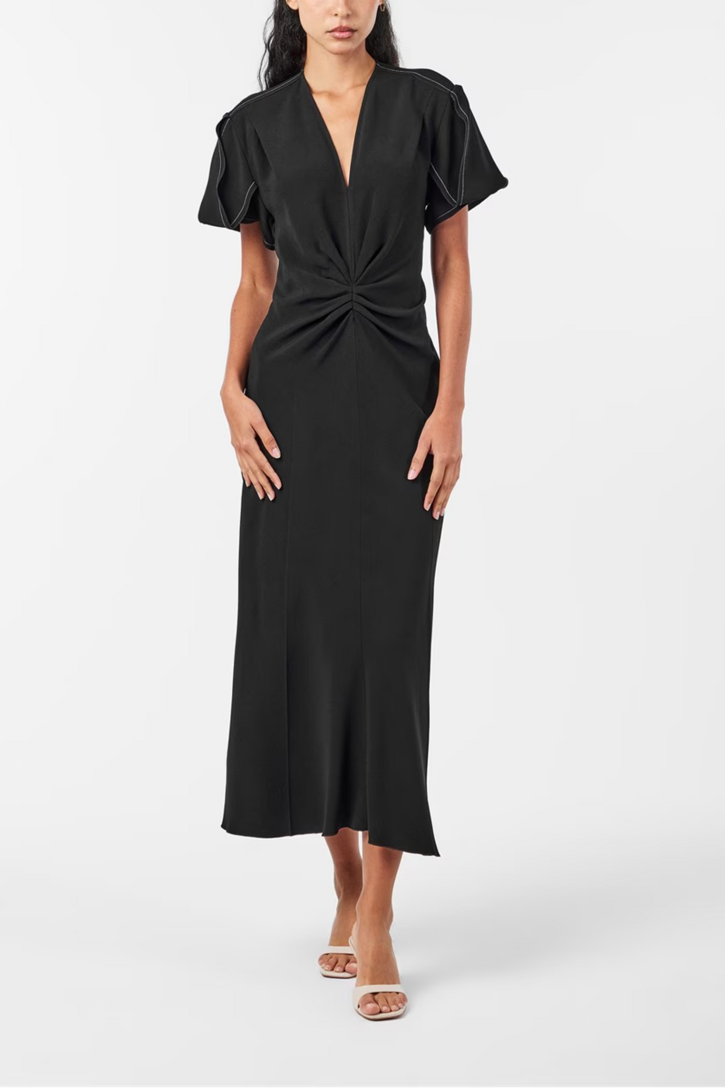 Gathered V-Neck Midi Dress