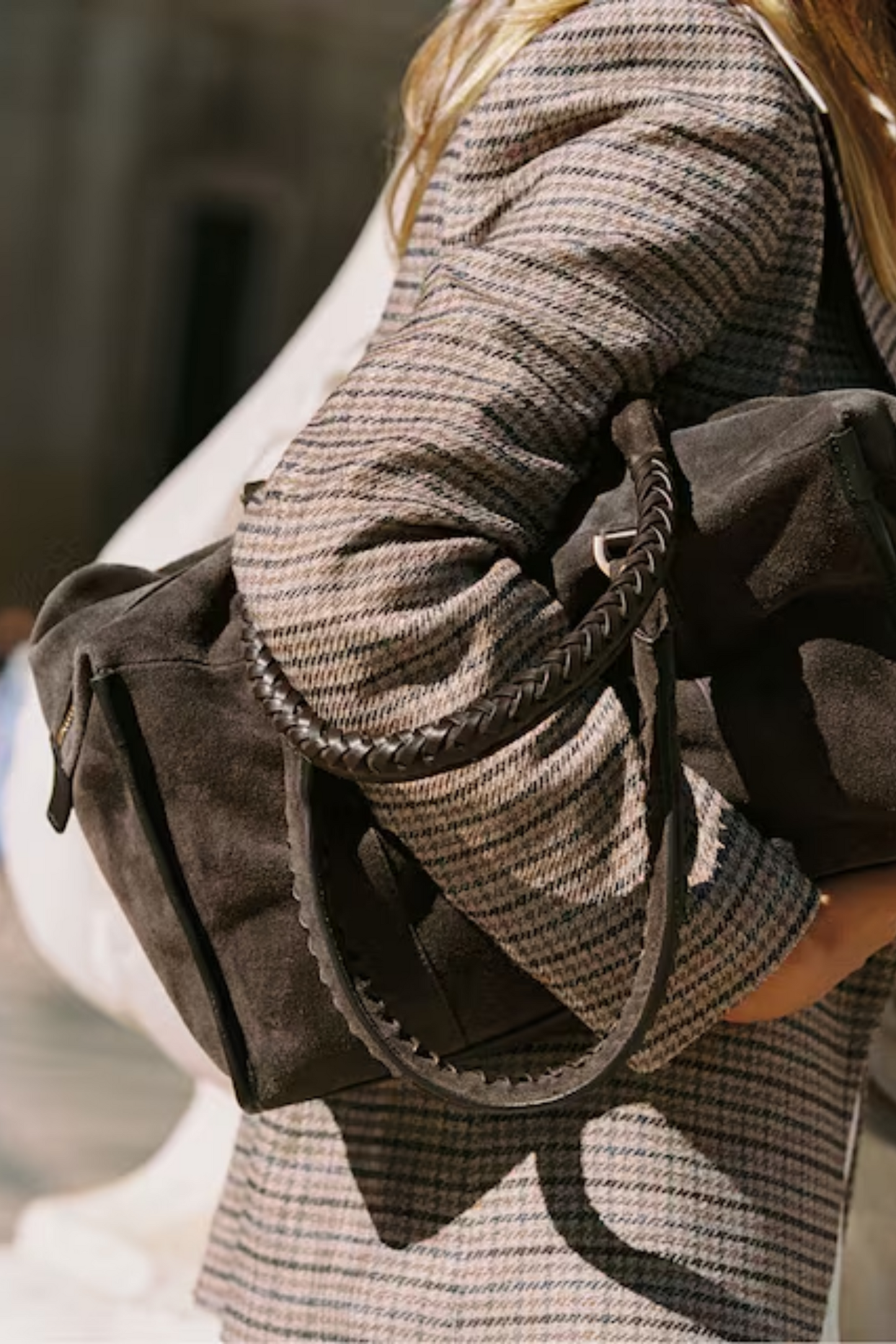 Suede Braided-strap Bowling Bag in Chocolate