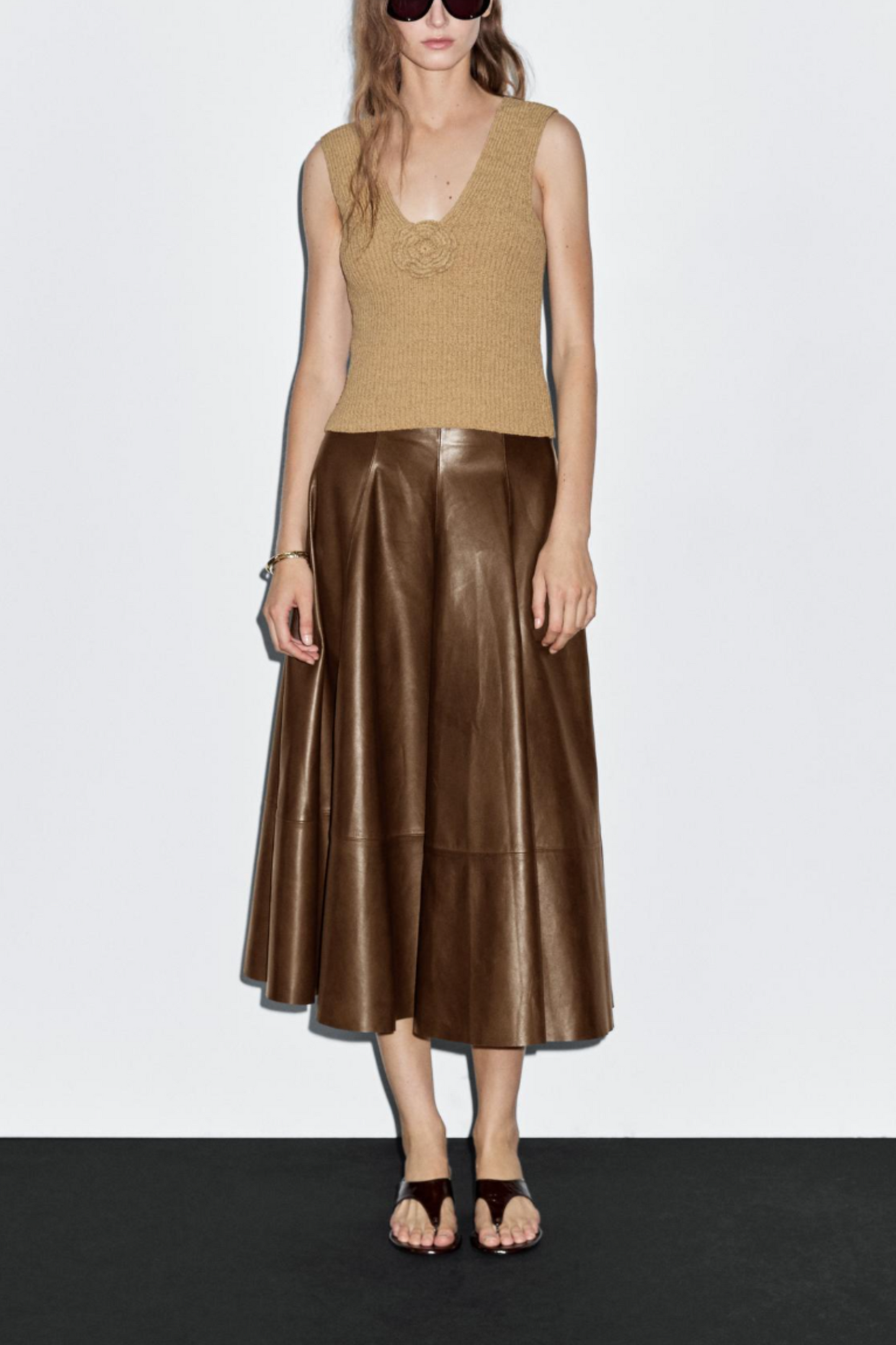 Nappa Leather Flared Midi Skirt