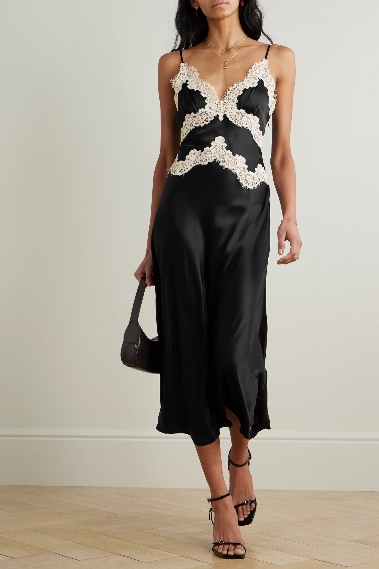 Obelia Corded Lace-trimmed Silk-satin Midi Dress
