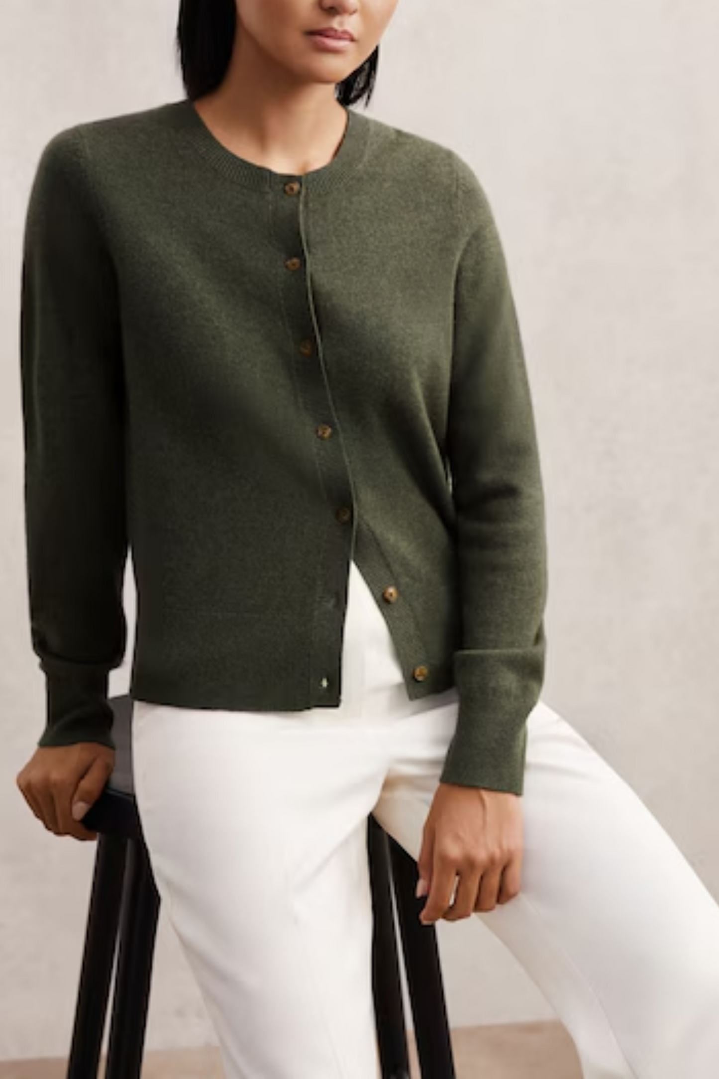 Wool-blend Crew-neck Cardigan with Cashmere in Green