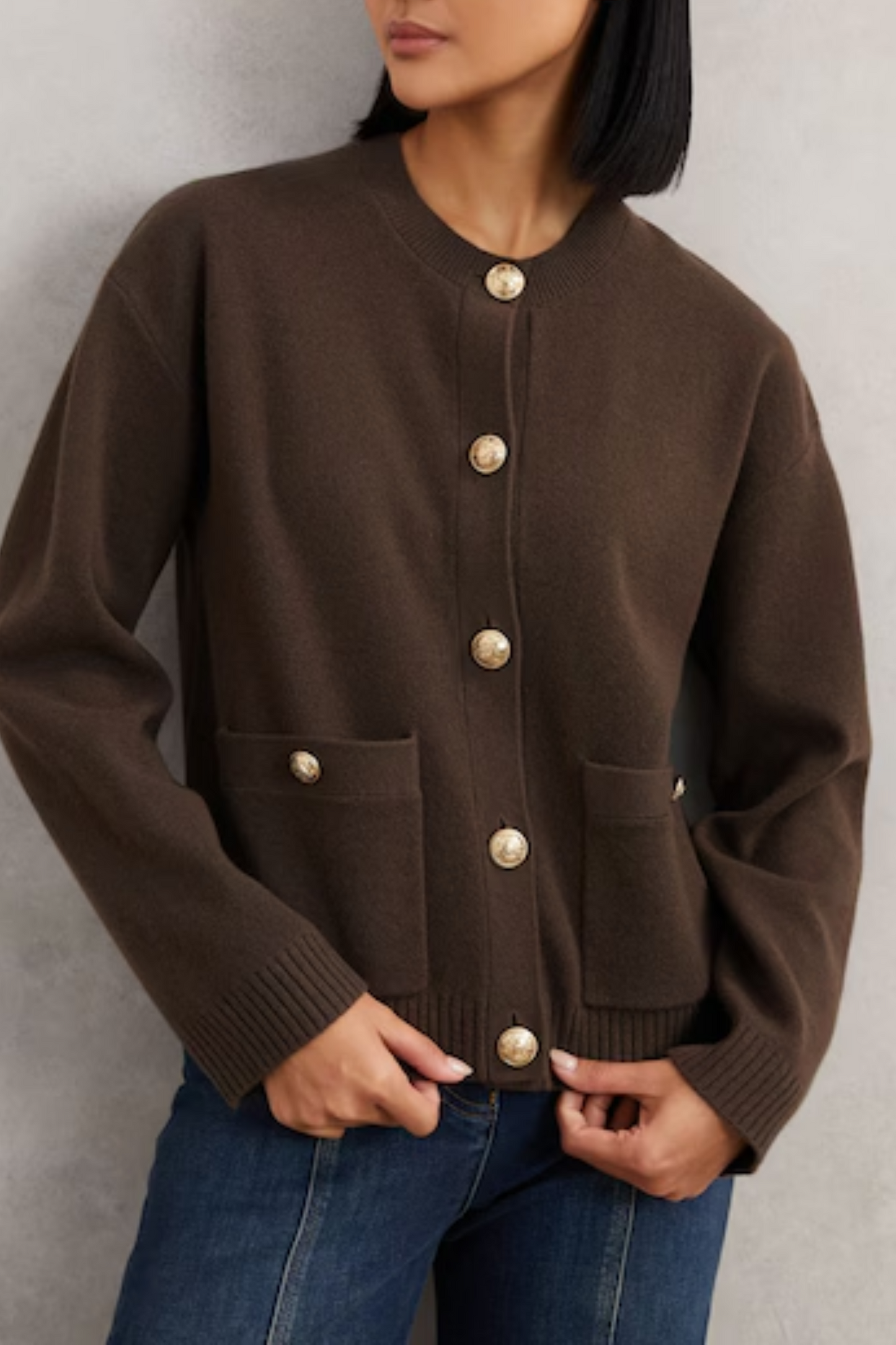 Wool-cashmere Crew-neck Cardigan in Chocolate Brown