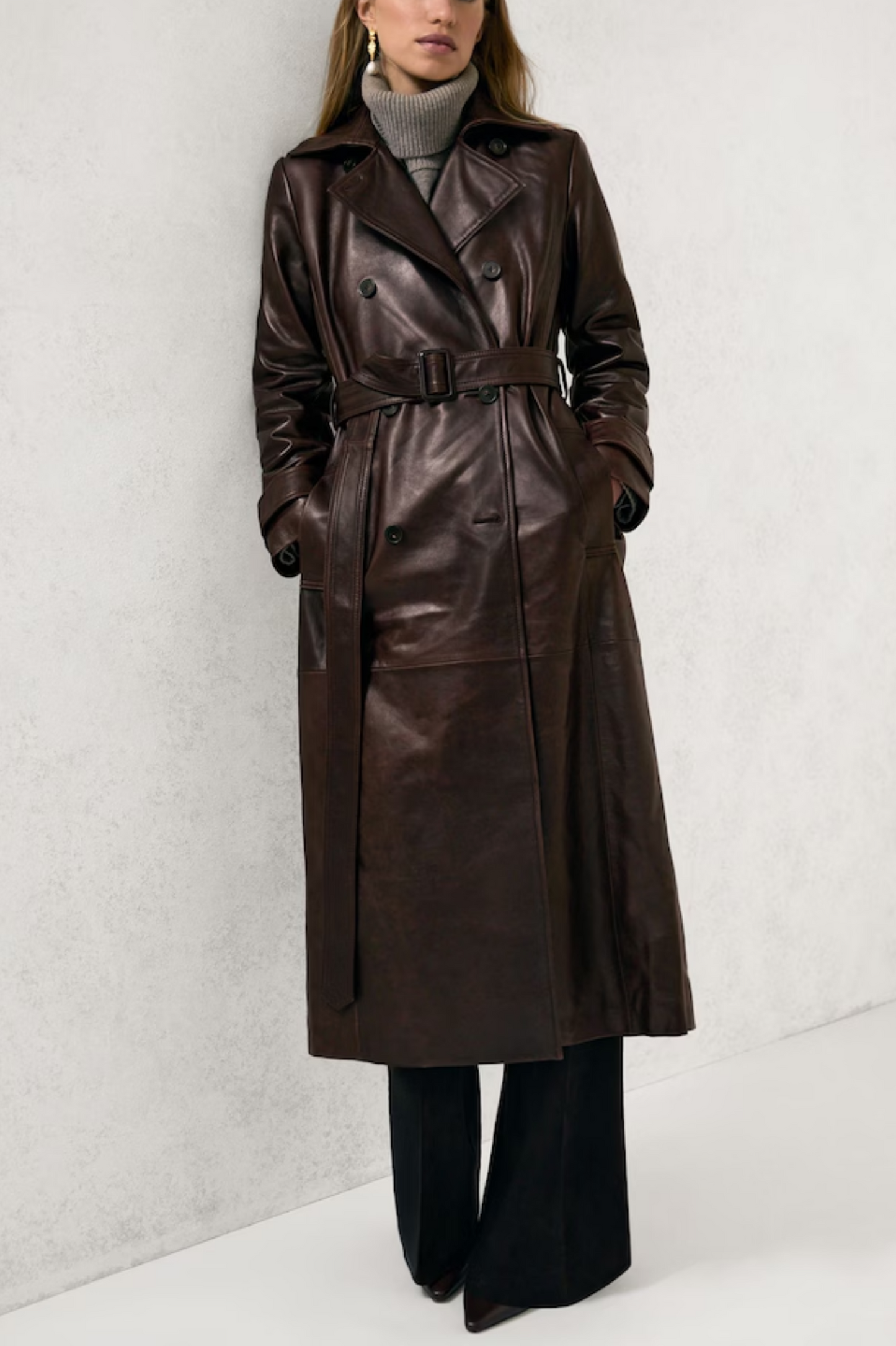 Leather Double-breasted Trench Coat in Chocolate
