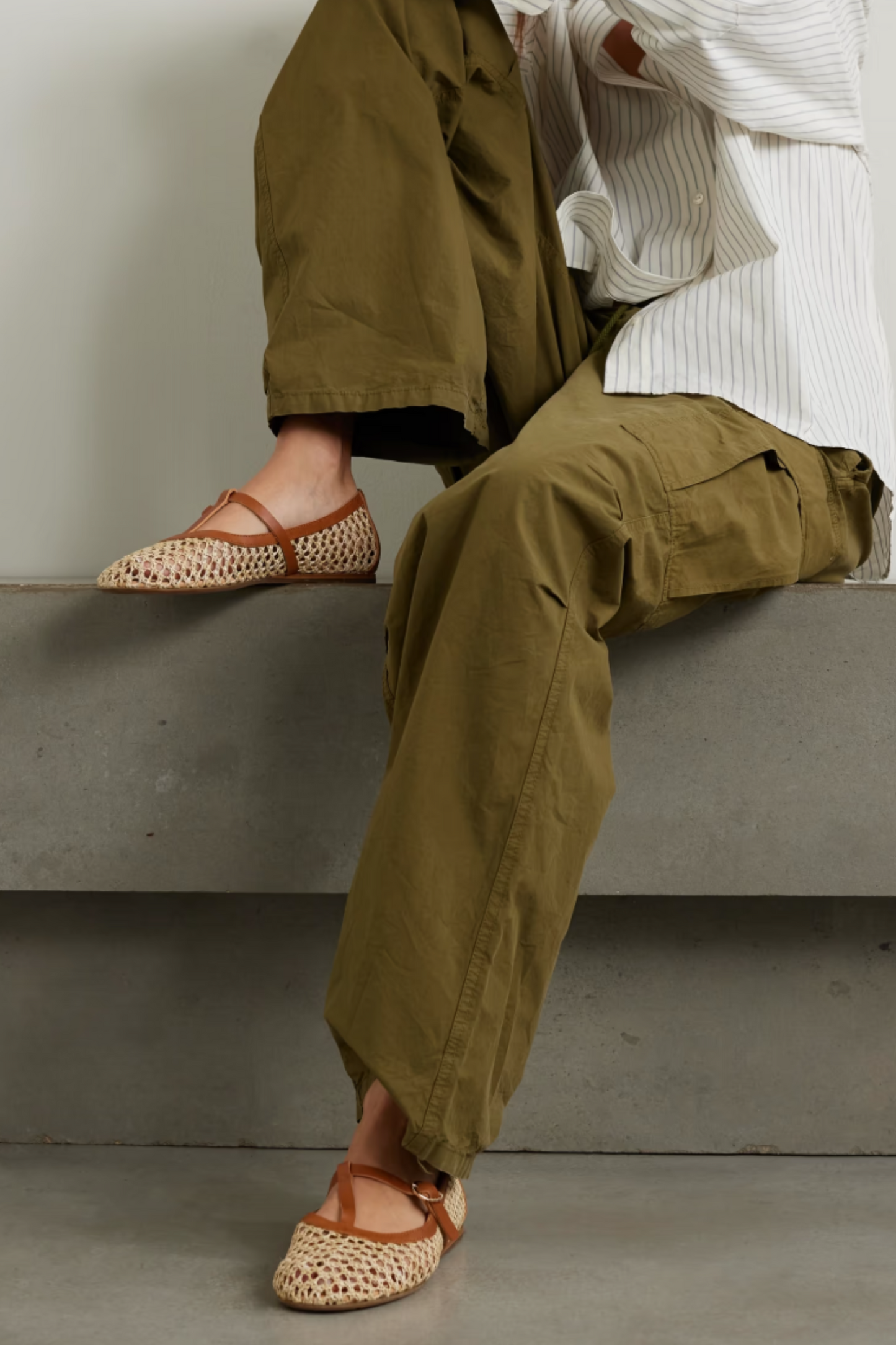 Aerati Leather Trimmed Woven Raffia Ballet Flats