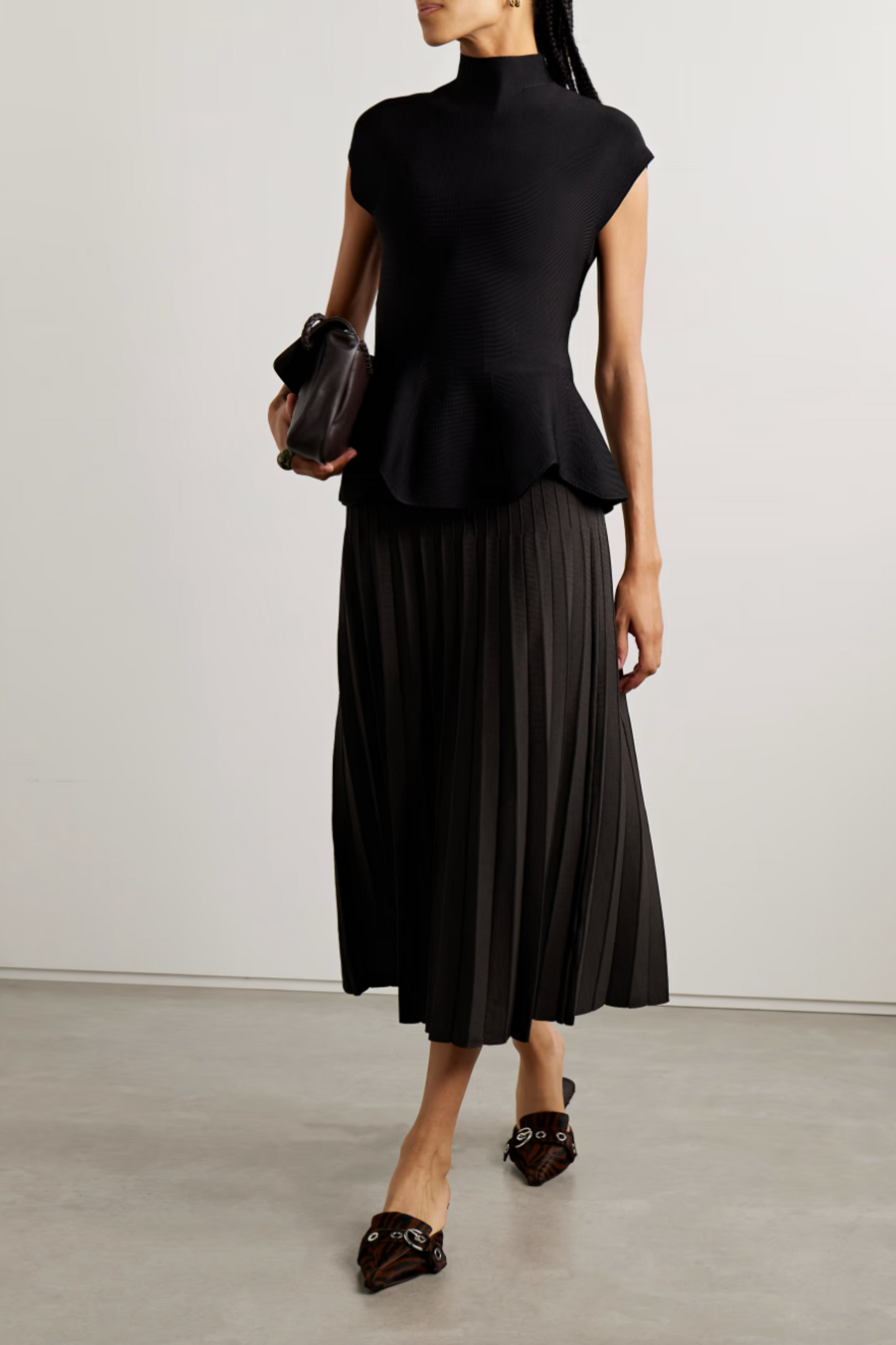 Lena Pleated Ribbed-Knit Midi Skirt