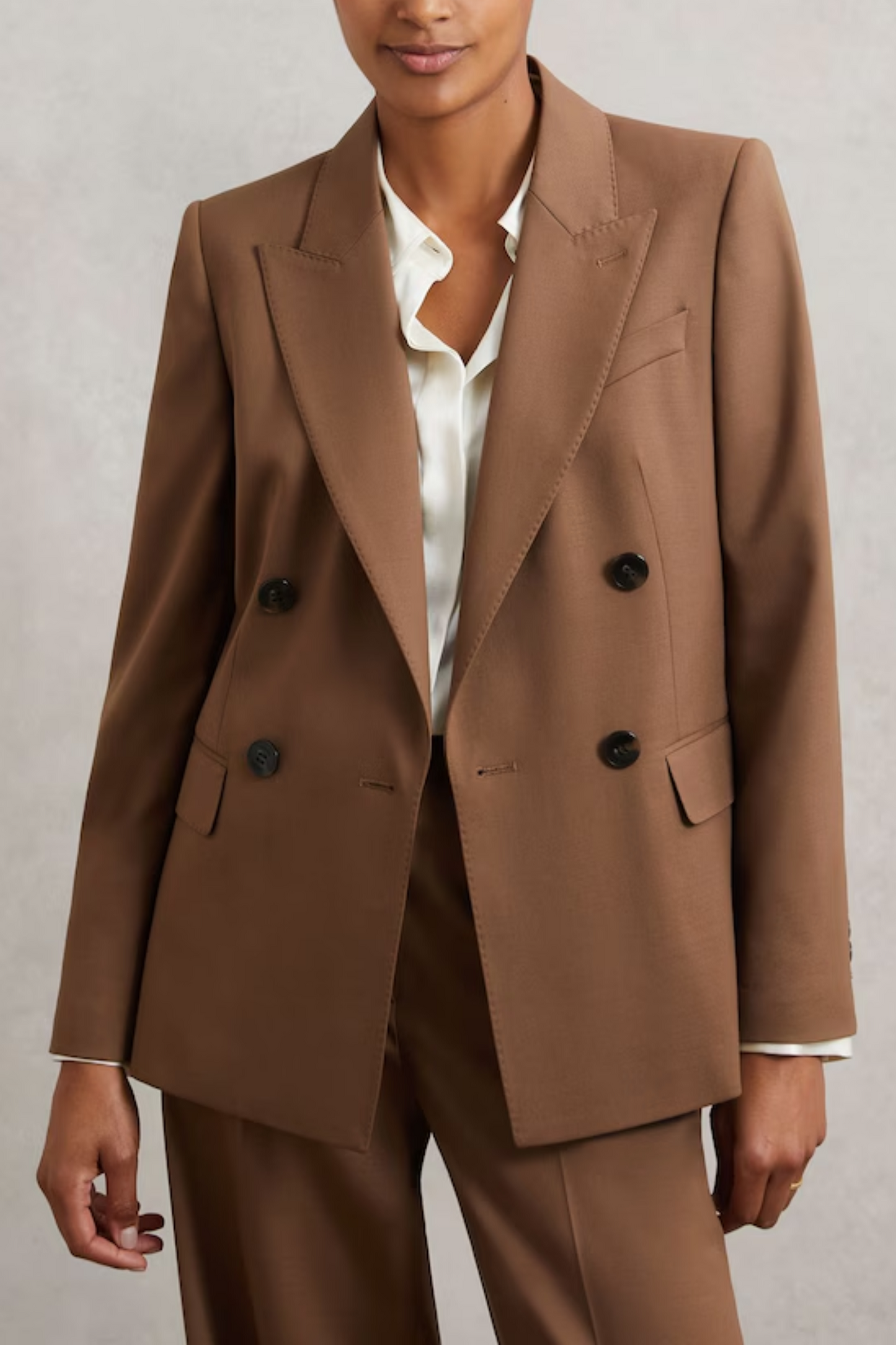 Wool-blend Double-breasted Suit Blazer in Tan