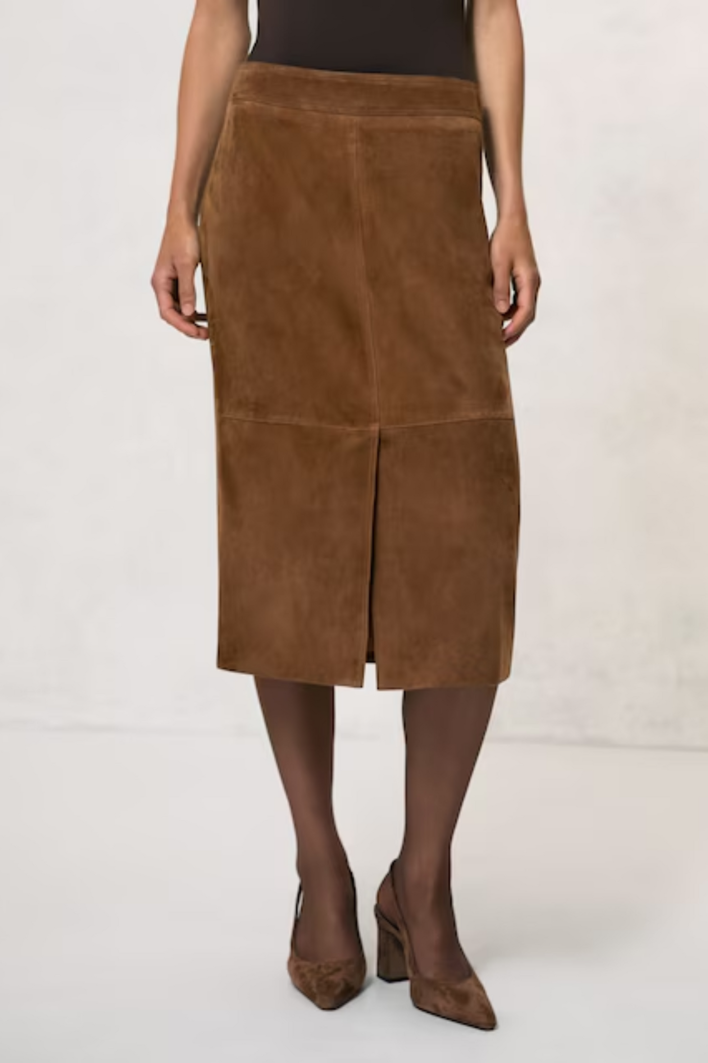Suede Straight-fit Midi Skirt in Tan Brown