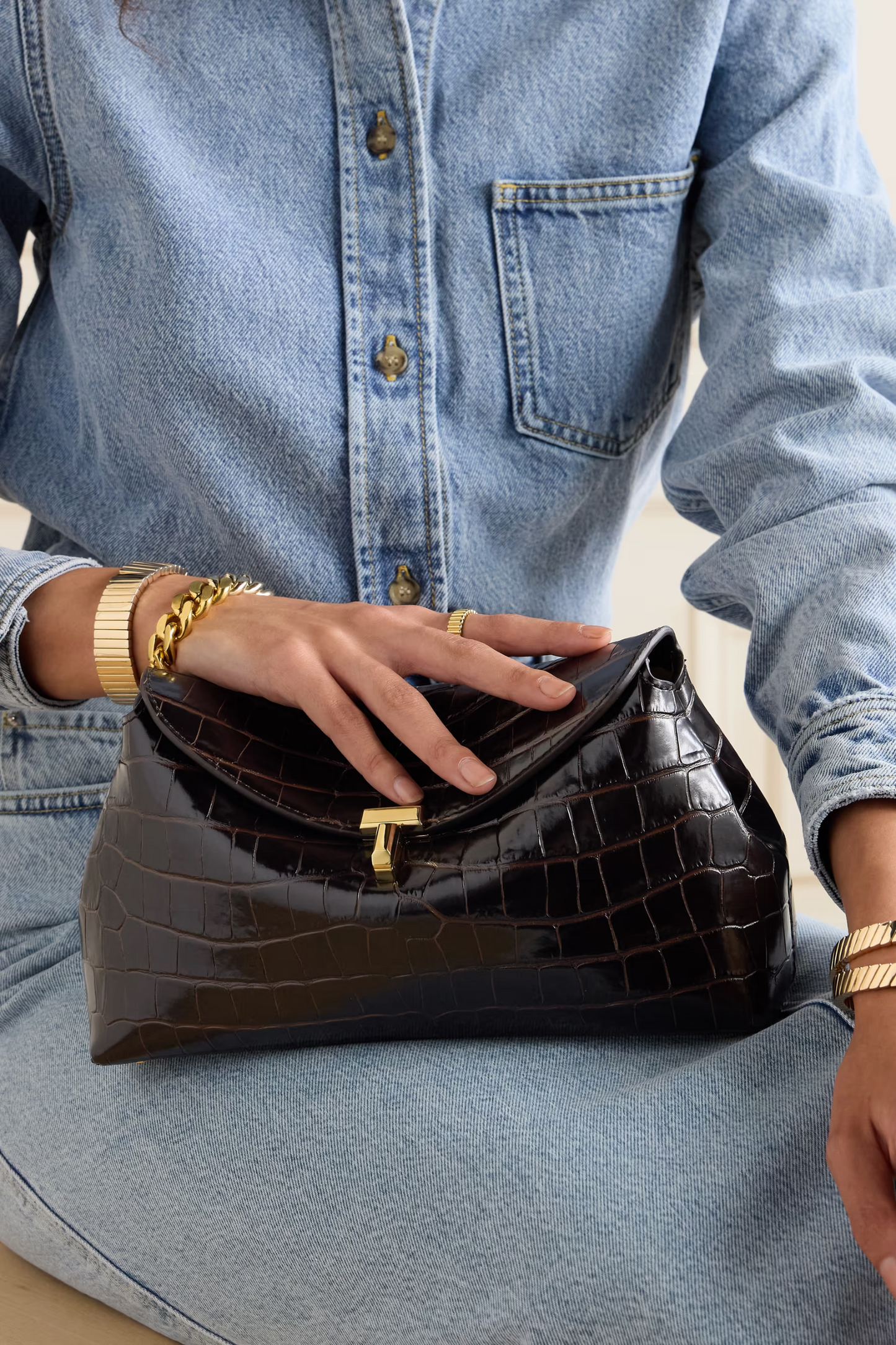 T-Lock Croc-effect Leather Clutch