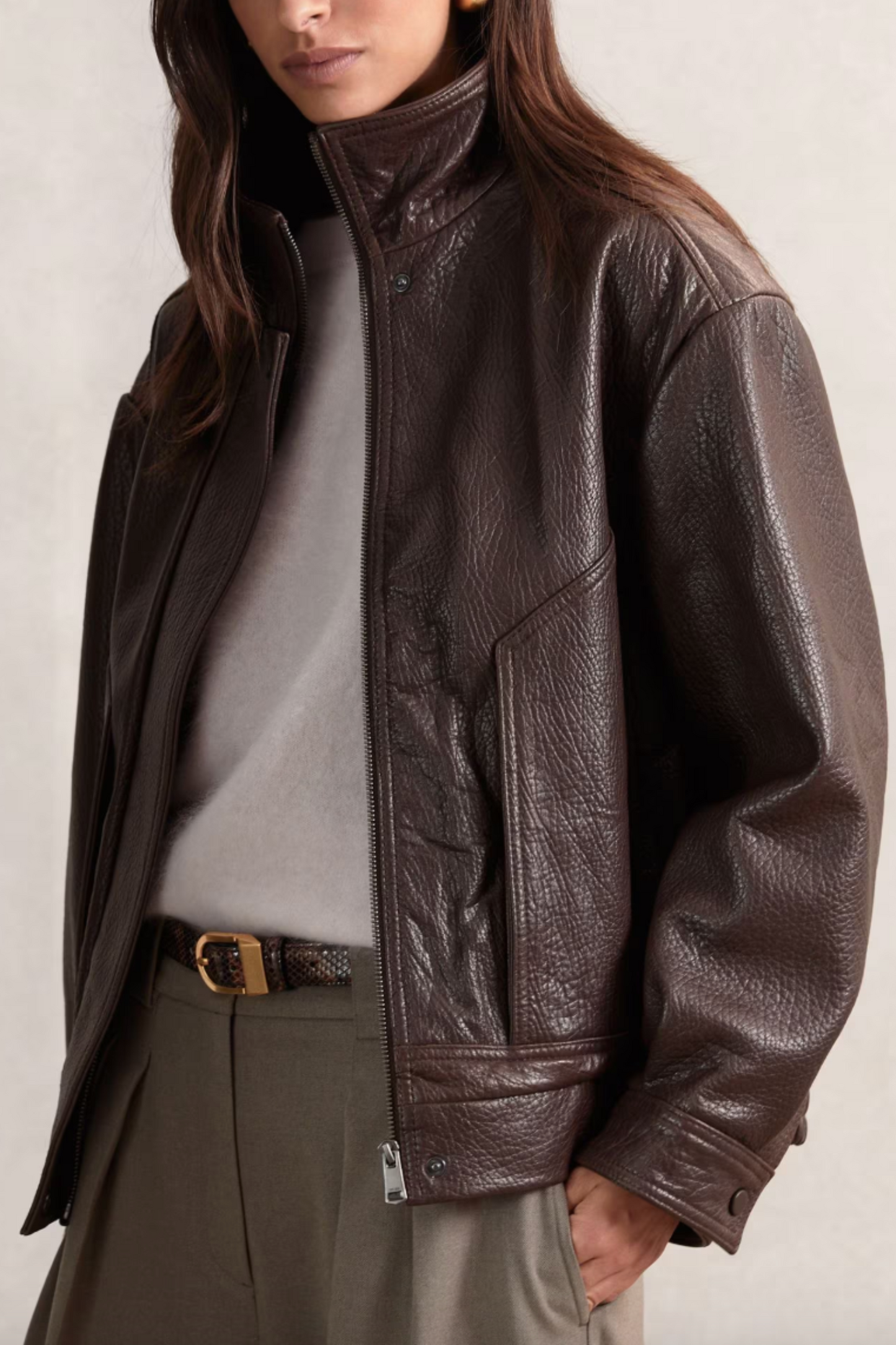 Kiara Oversize Grained-leather Bomber Jacket In Burgundy