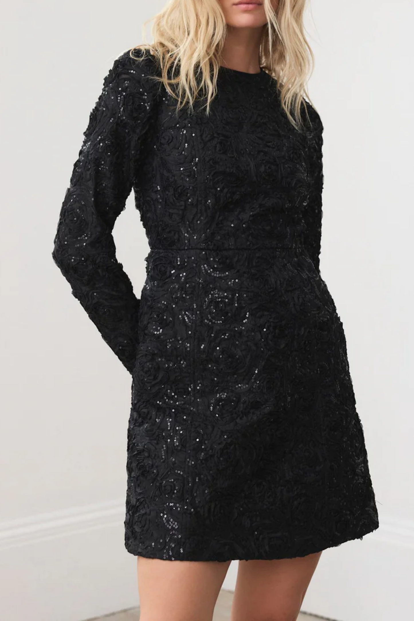 Black Sequin Applique Mini Dress