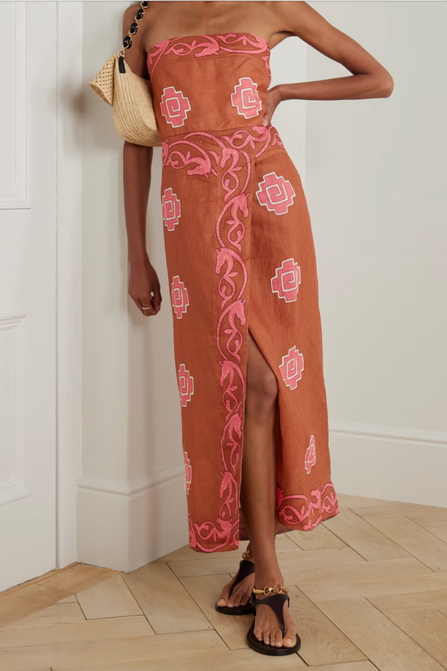 Ancient Strapless Wrap-effect Printed Linen Midi Dress