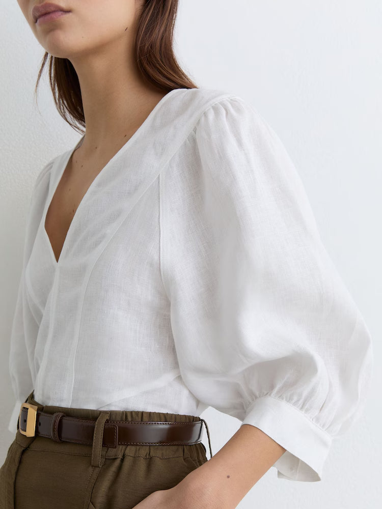 Evie Linen Balloon-Sleeve Top in Ivory