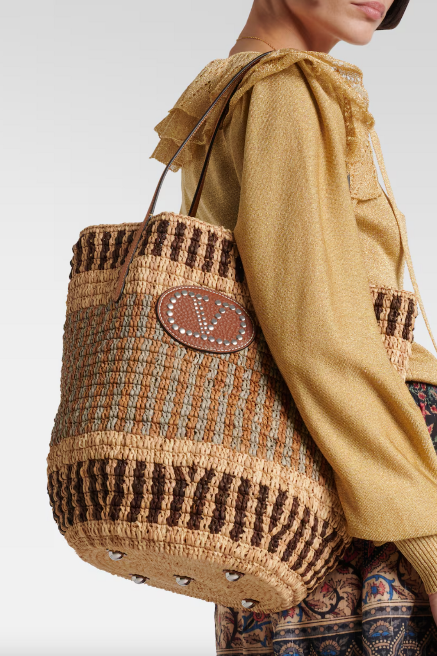 VLogo Woven Raffia Basket Bag