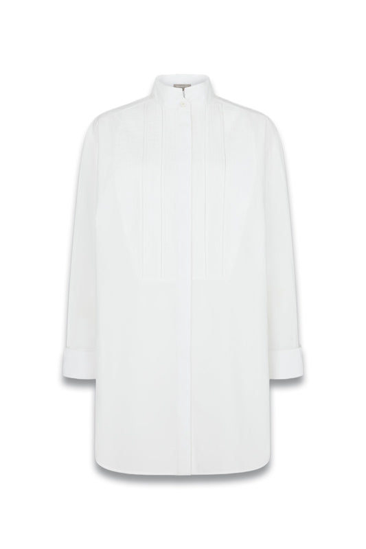White Cotton Standing Collar Pintuck Panel Shirt
