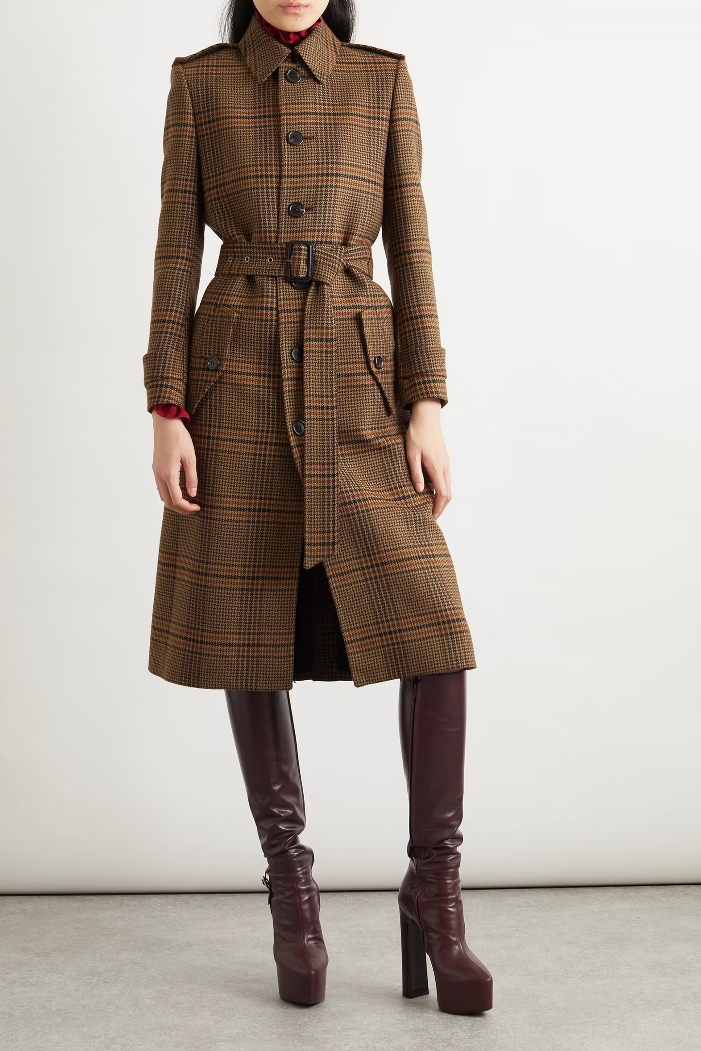 Belted Checked-wool Trench Coat